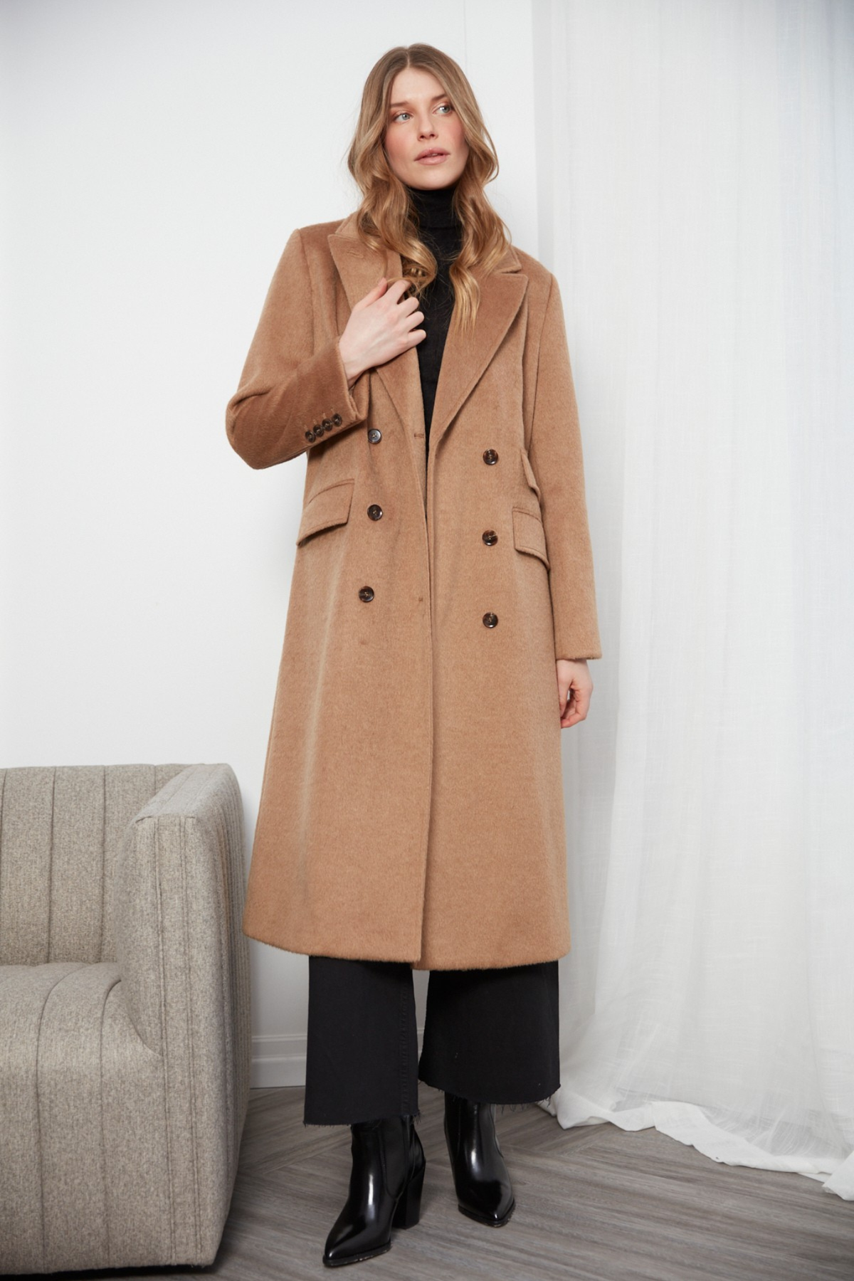 Bennett, double breasted long wool blend coat