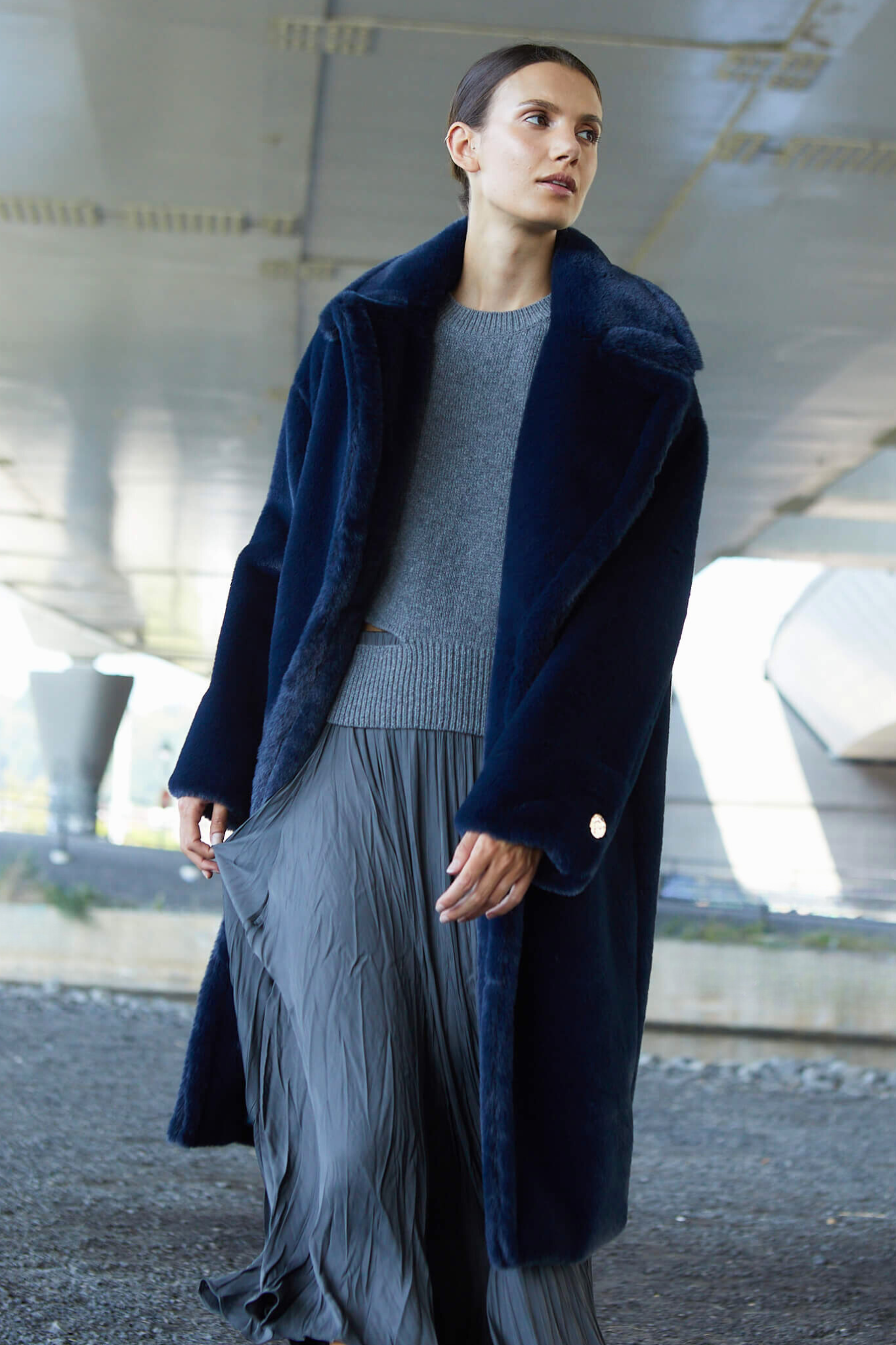 Polly long cozy faux fur coat w/ notch collar & large lapels