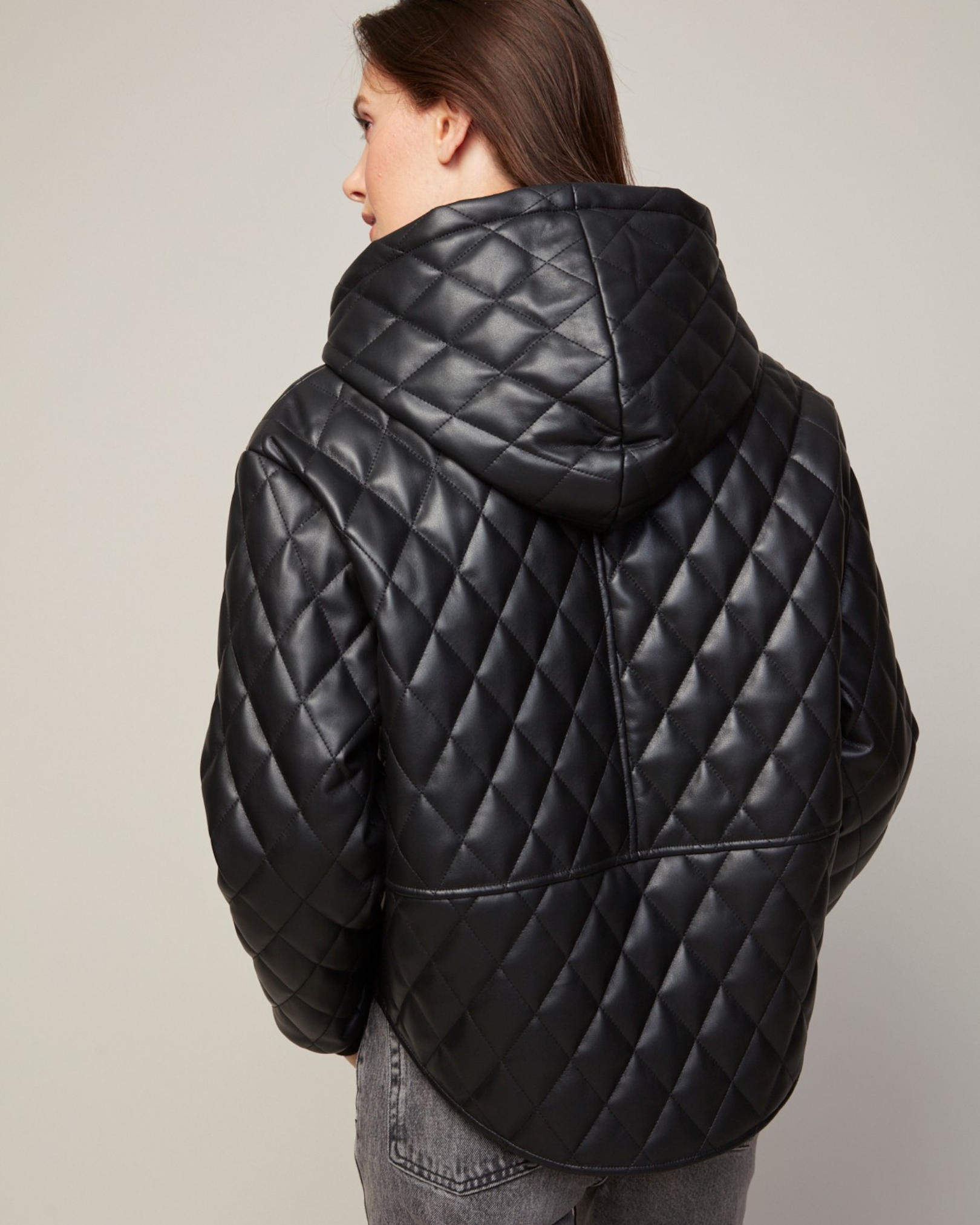 Brodie drop shoulder hooded vegan leather quilted jacket