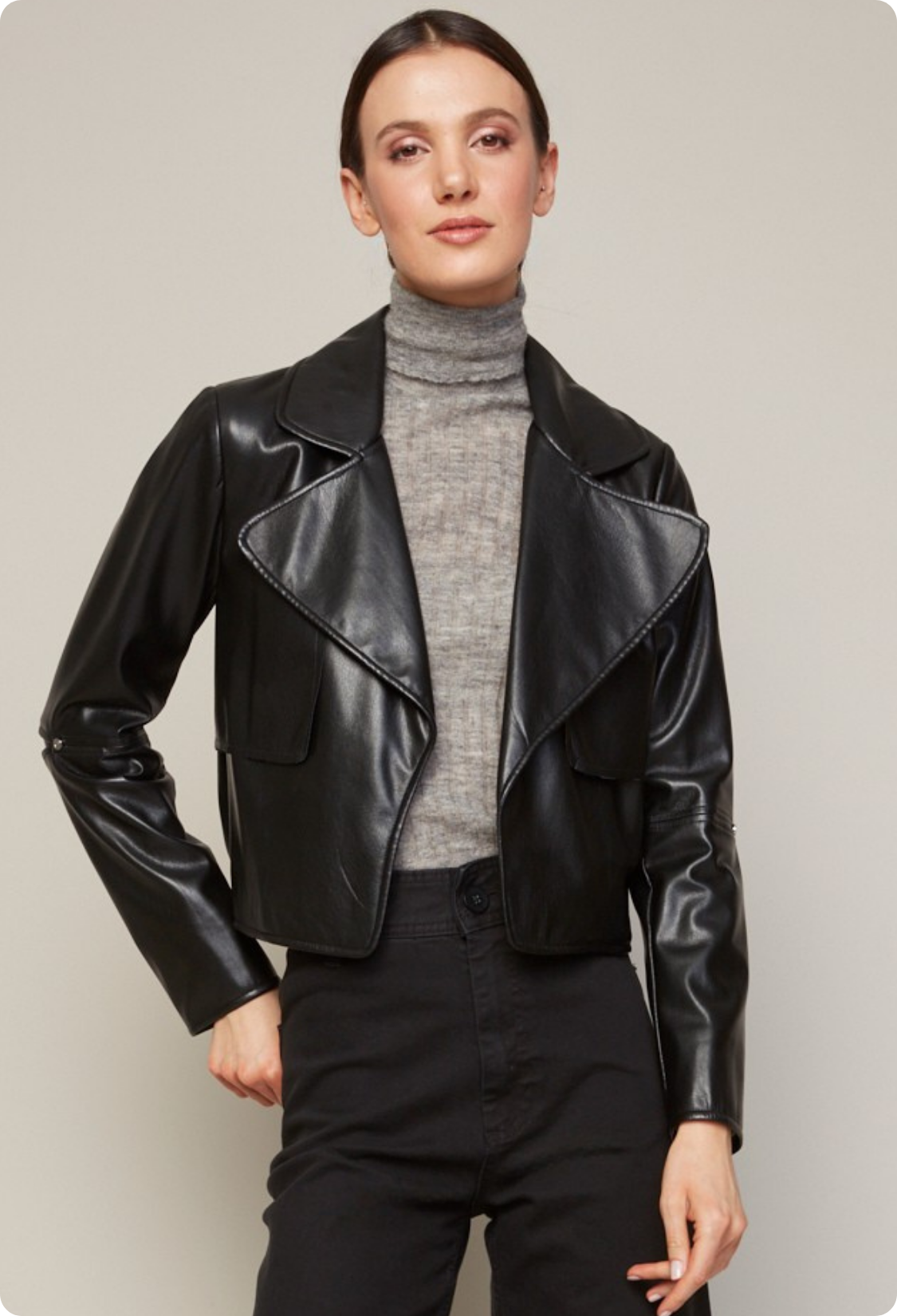 Ninon short stretch vegan leather open front jacket
