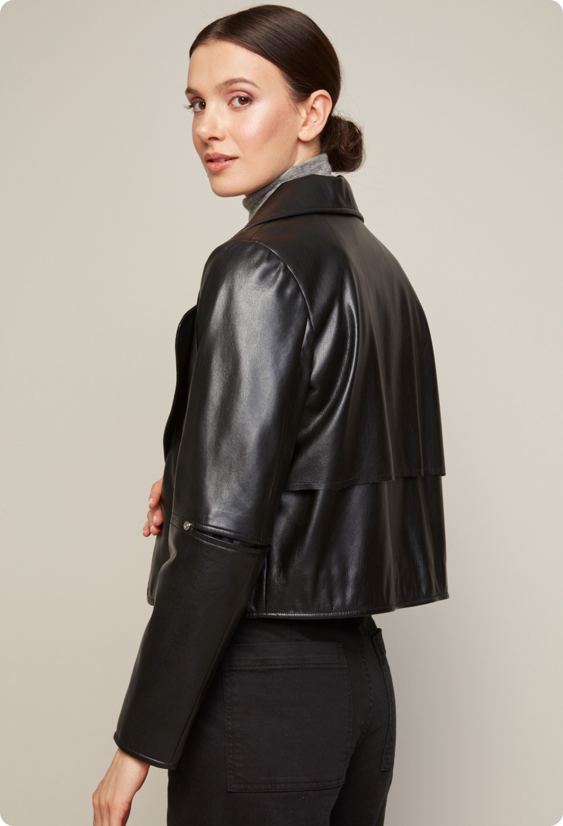 Ninon short stretch vegan leather open front jacket