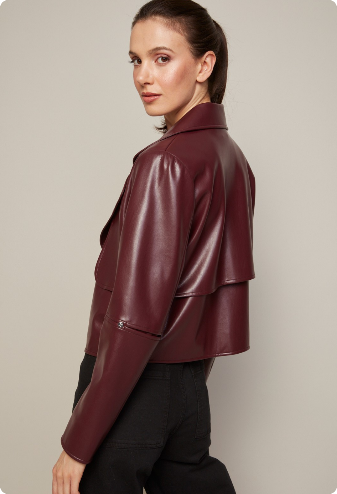 Ninon short stretch vegan leather open front jacket