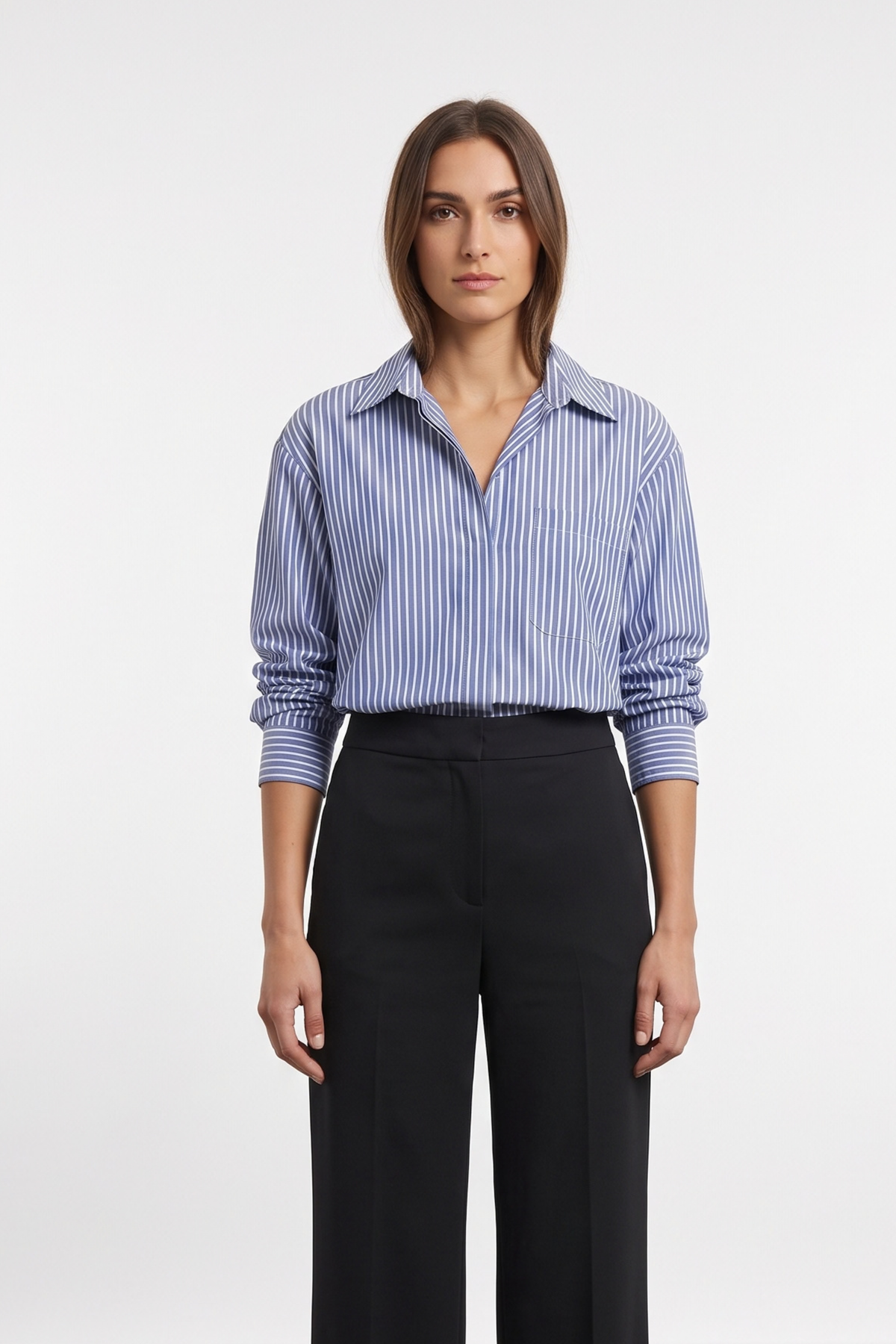 Daria, button-front shirt with ruched sleeves