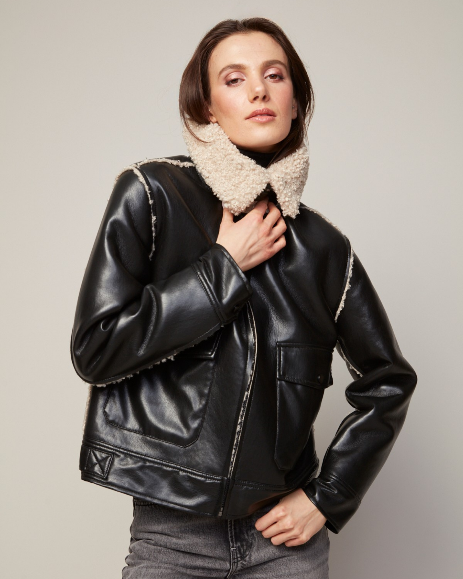Parker Bonded Vegan Leather Aviator Jacket w/ Collar Snap Closure