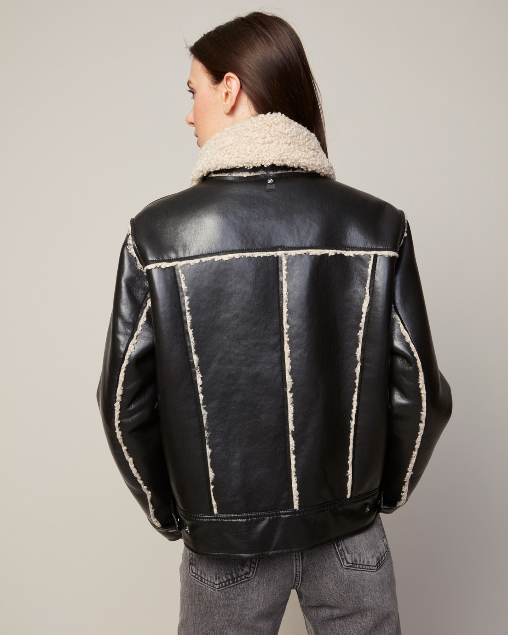 Parker Bonded Vegan Leather Aviator Jacket w/ Collar Snap Closure