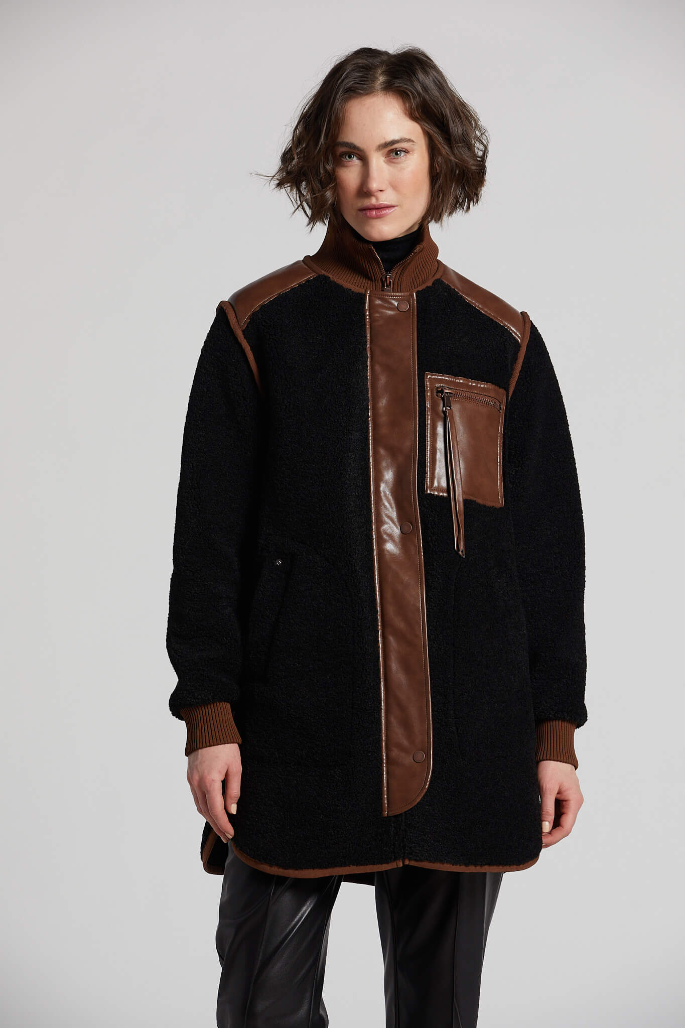 Audrey faux sherling coat w/ vegan leather trim and side zippers