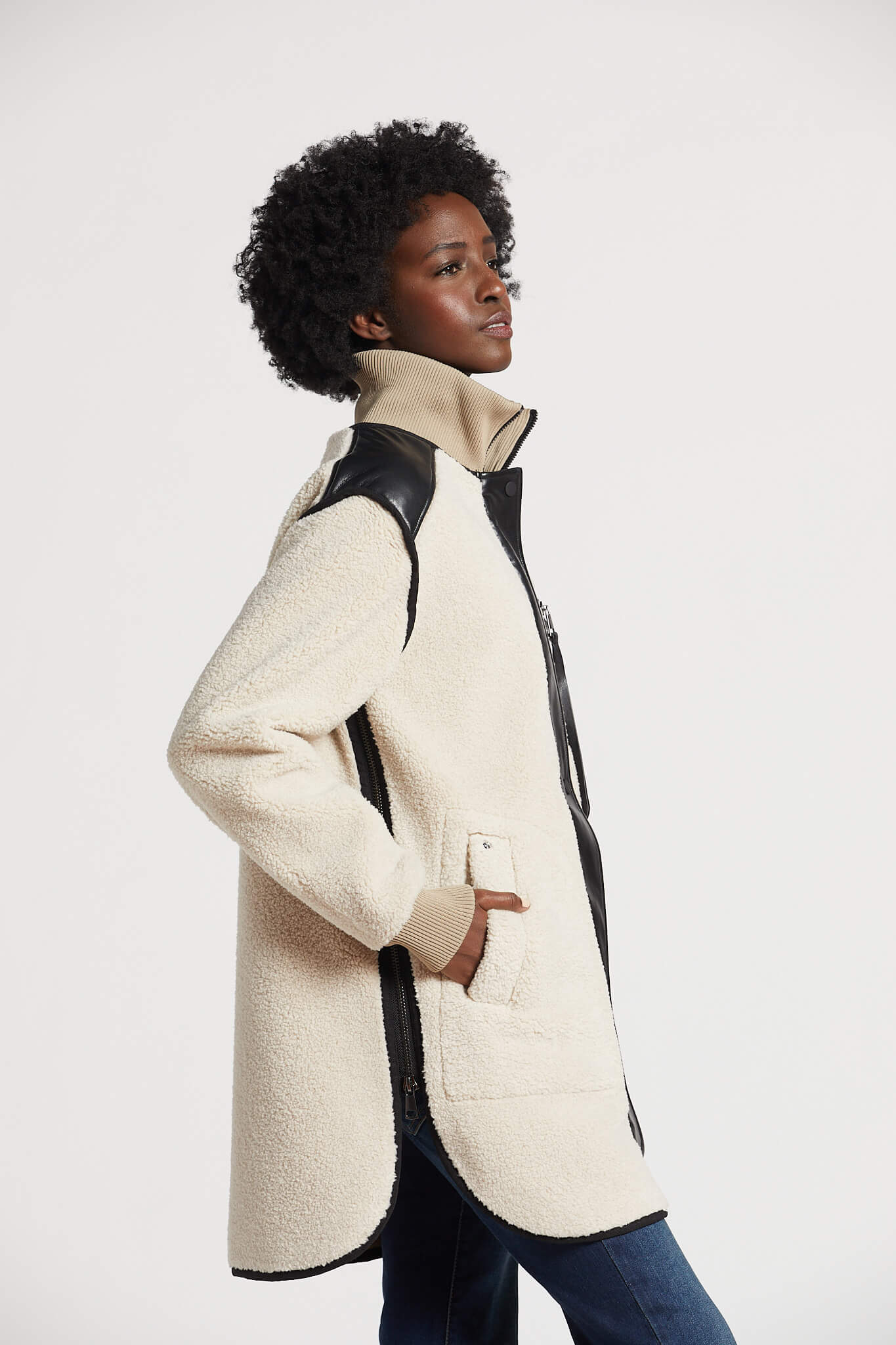 Audrey faux sherling coat w/ vegan leather trim and side zippers