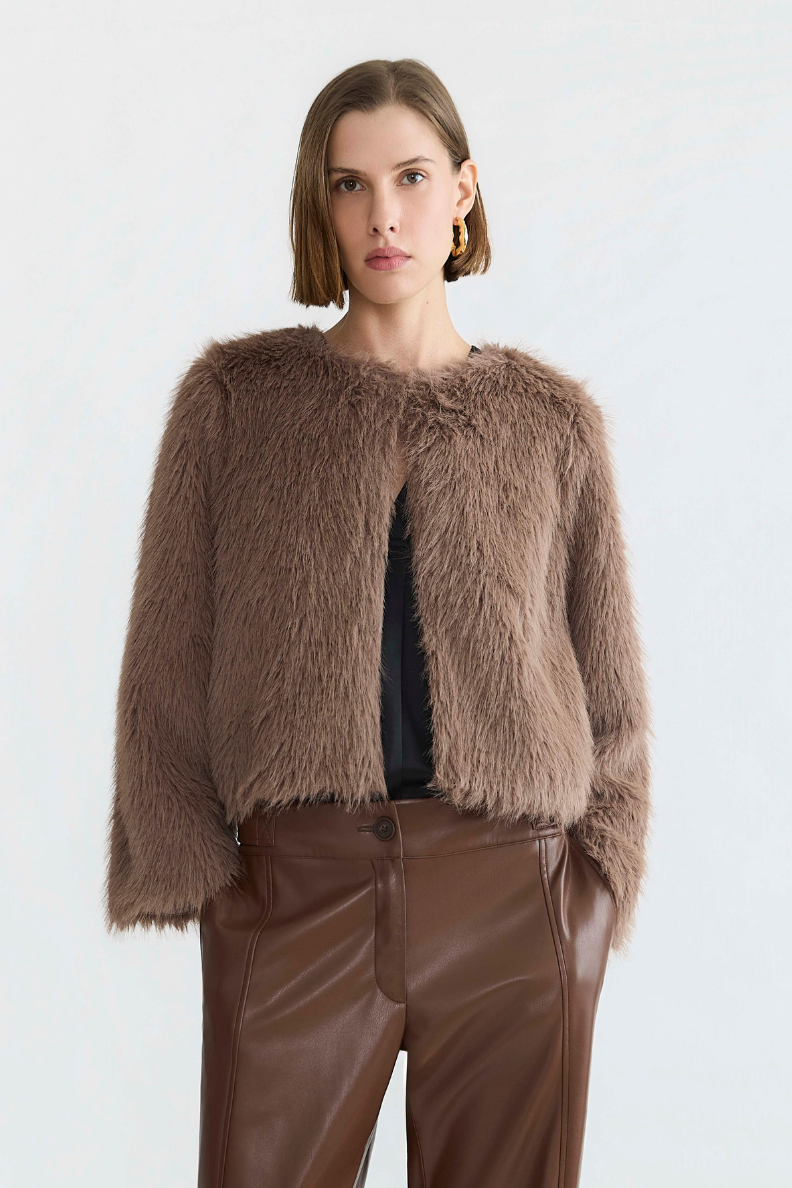 Blaine, short collarless faux fur jacket