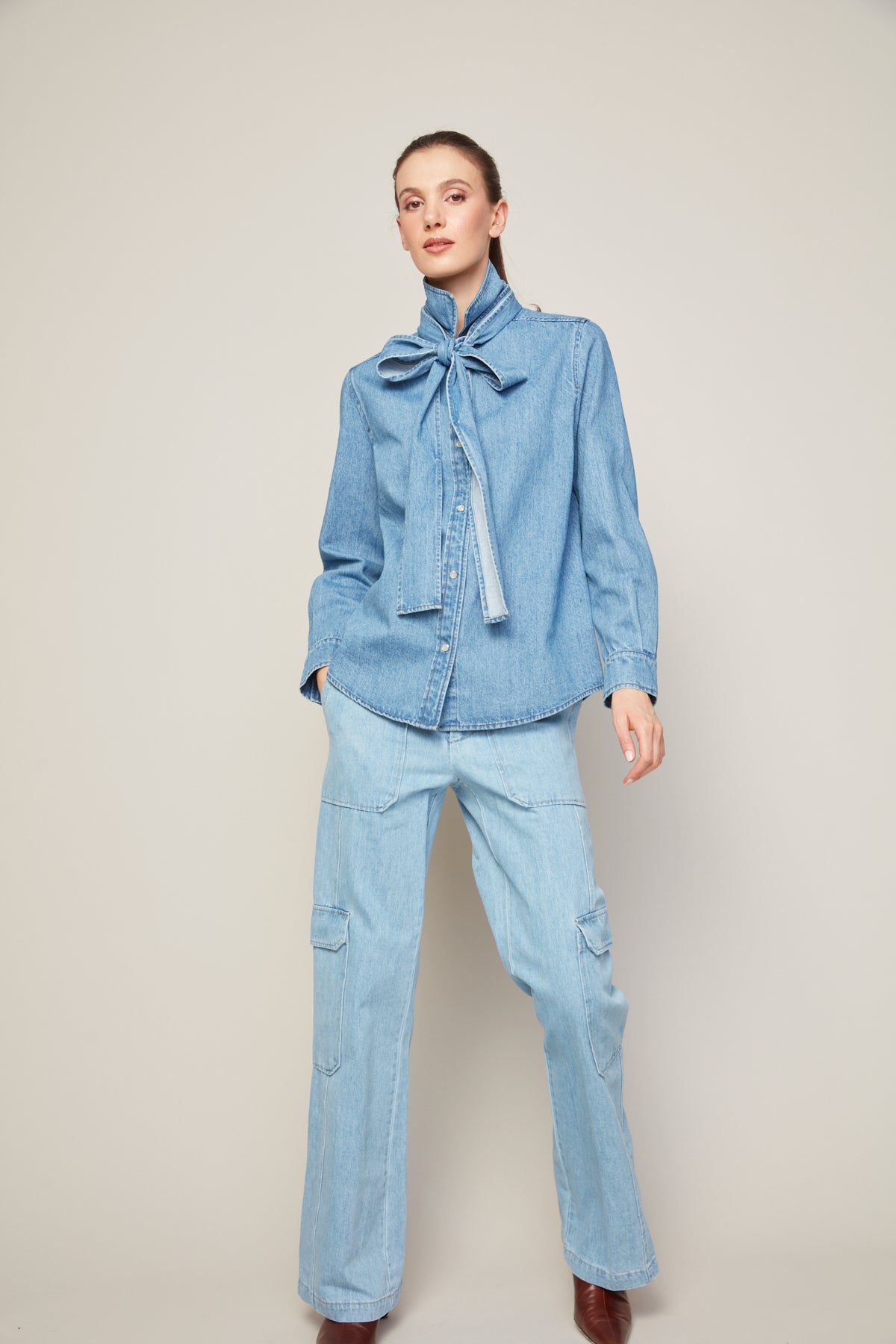 Bobbi denim shirt with removable lavalliere