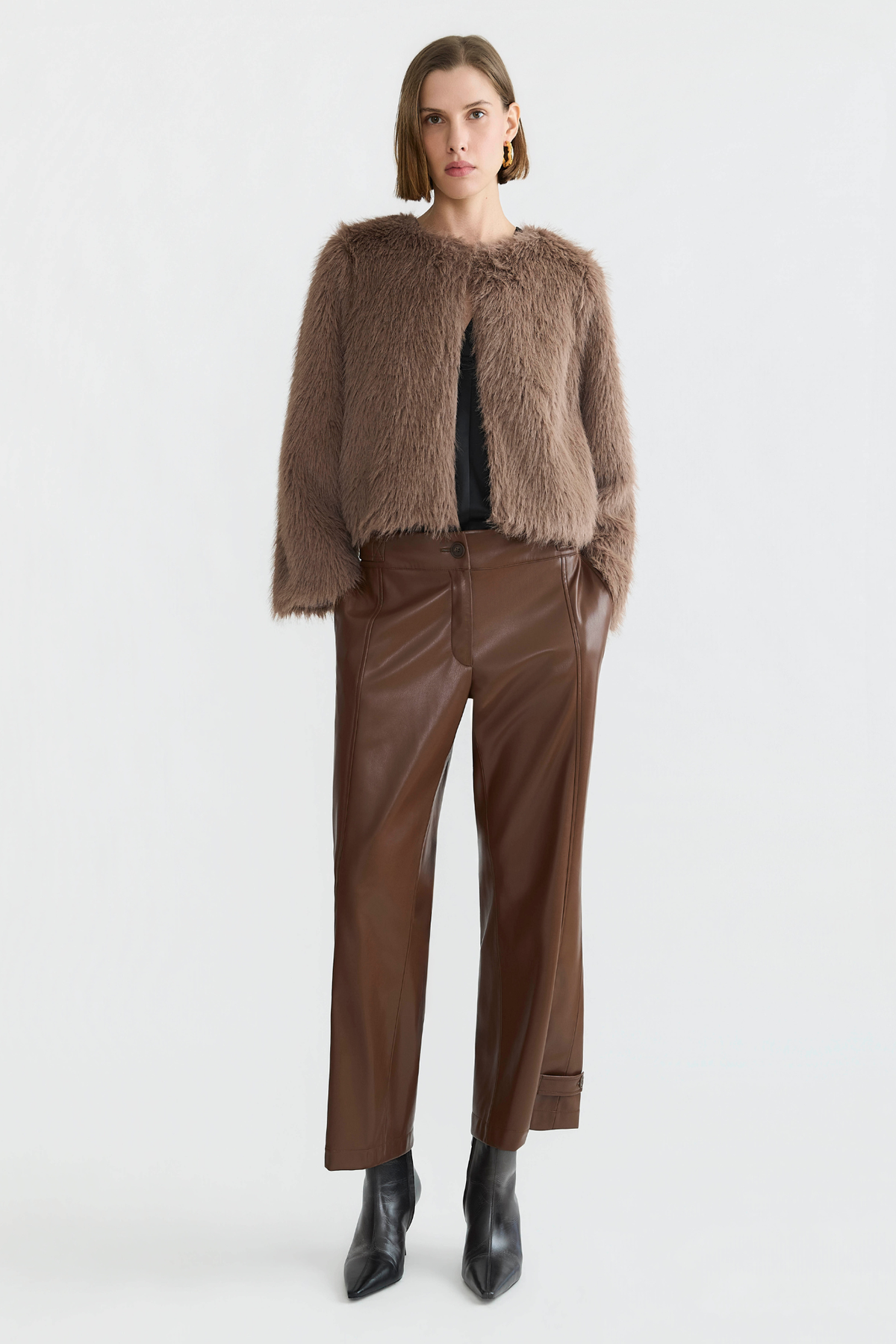 Blaine, short collarless faux fur jacket
