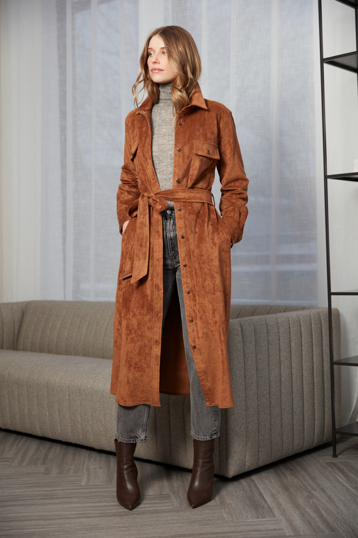 Bridget, Long buttoned front faux suede overcoat with removable belt