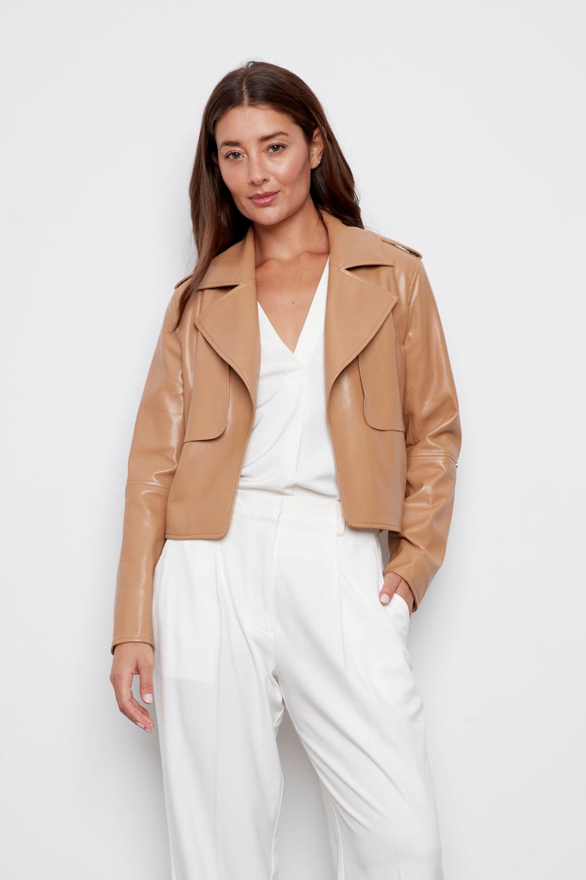 Camille, open front vegan leather jacket with storm flap detail