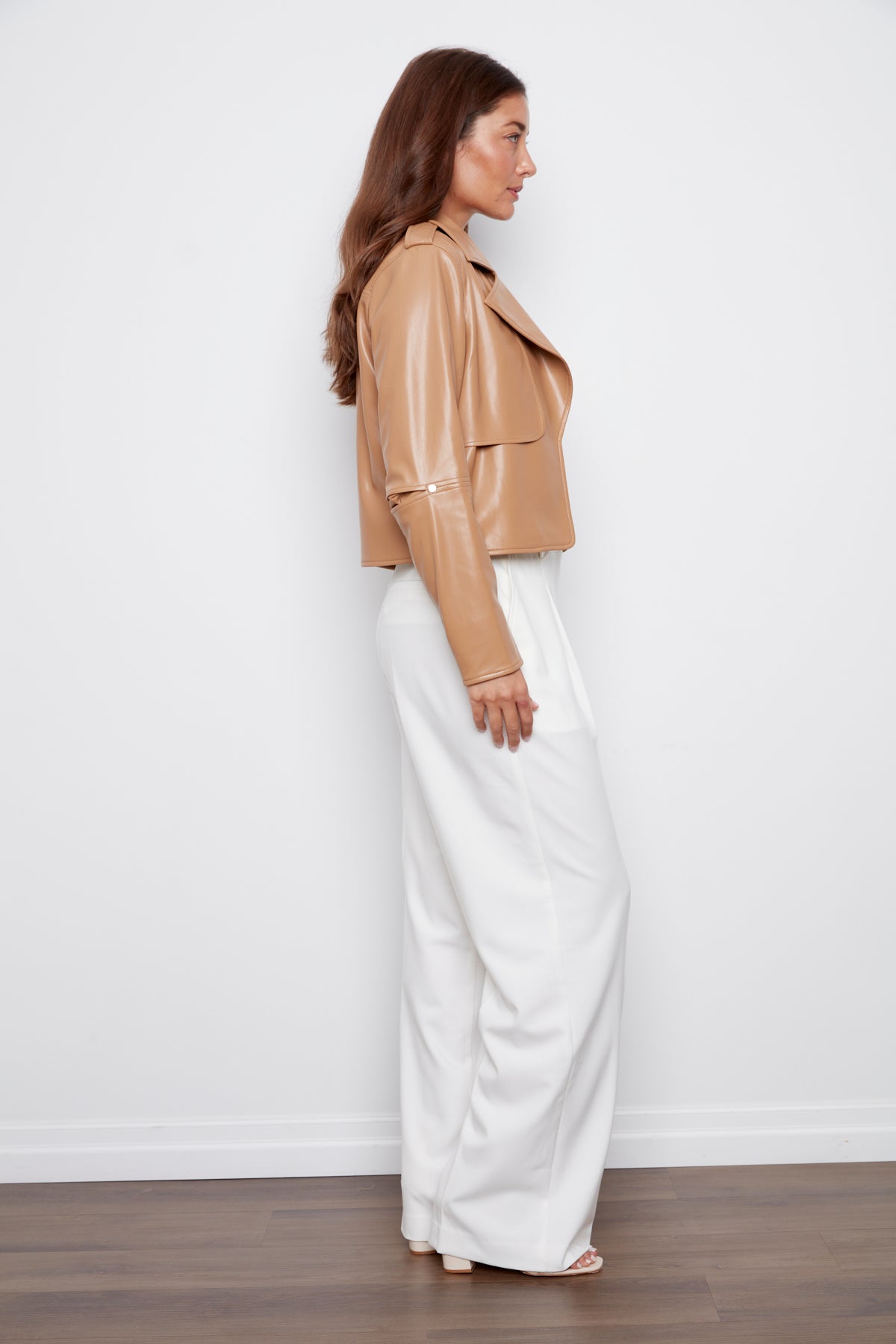 Camille, open front vegan leather jacket with storm flap detail