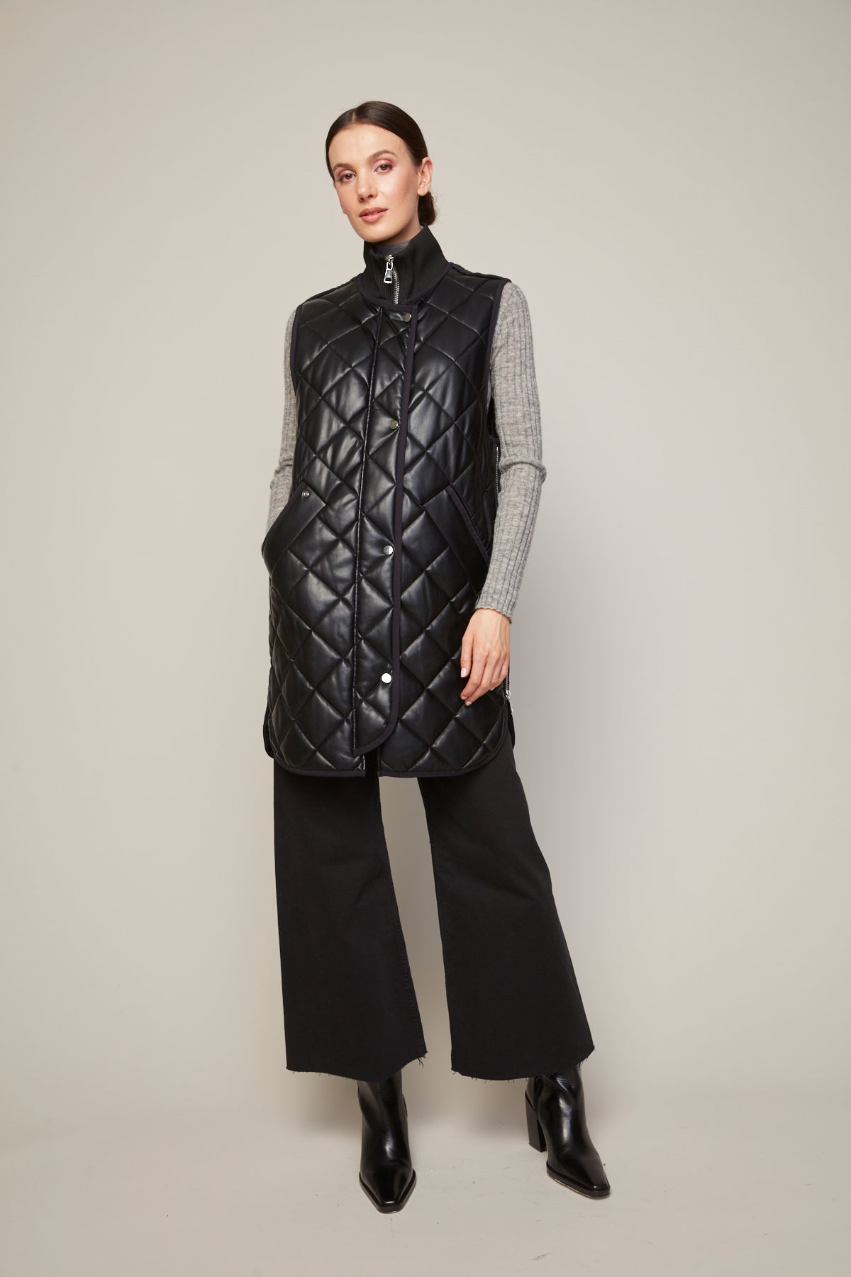 Destiny vegan leather sleeveless quilted vest with zipper detail