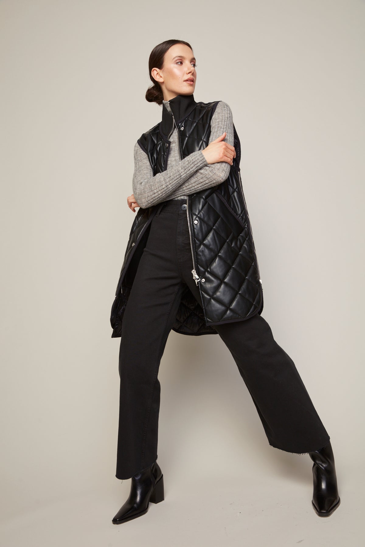 Destiny vegan leather sleeveless quilted vest with zipper detail