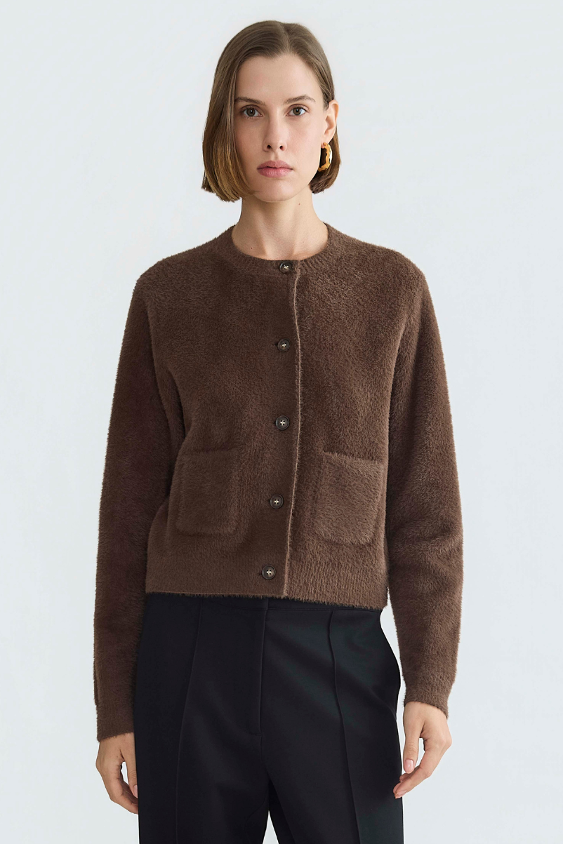 Dottie, knitted eyelash cardigan w/patch pockets