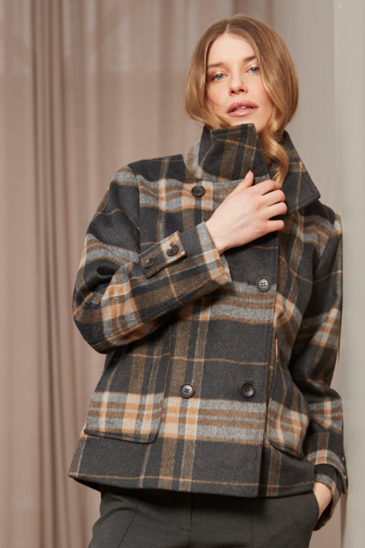 Dakota, double breasted funnel neck short jacket