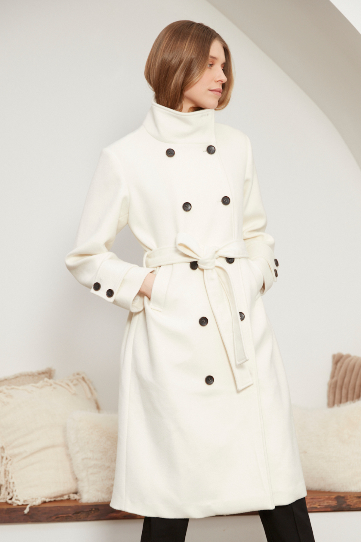 Dorian, long double-breasted funnel-neck coat