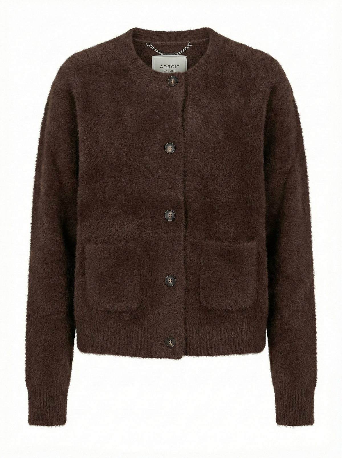 Dottie, knitted eyelash cardigan w/patch pockets