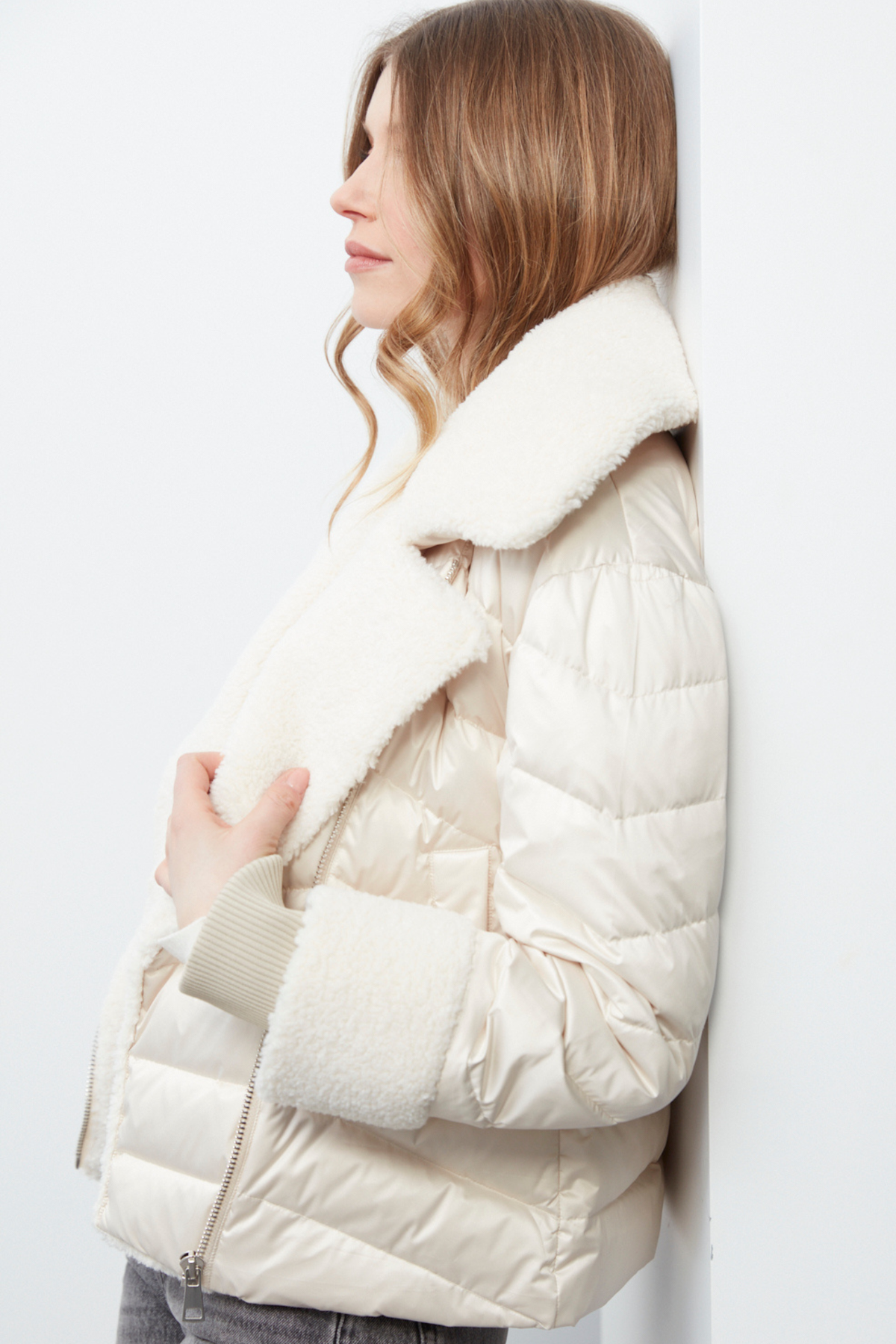 Drake, quilted moto-style down jacket w/sherpa detail