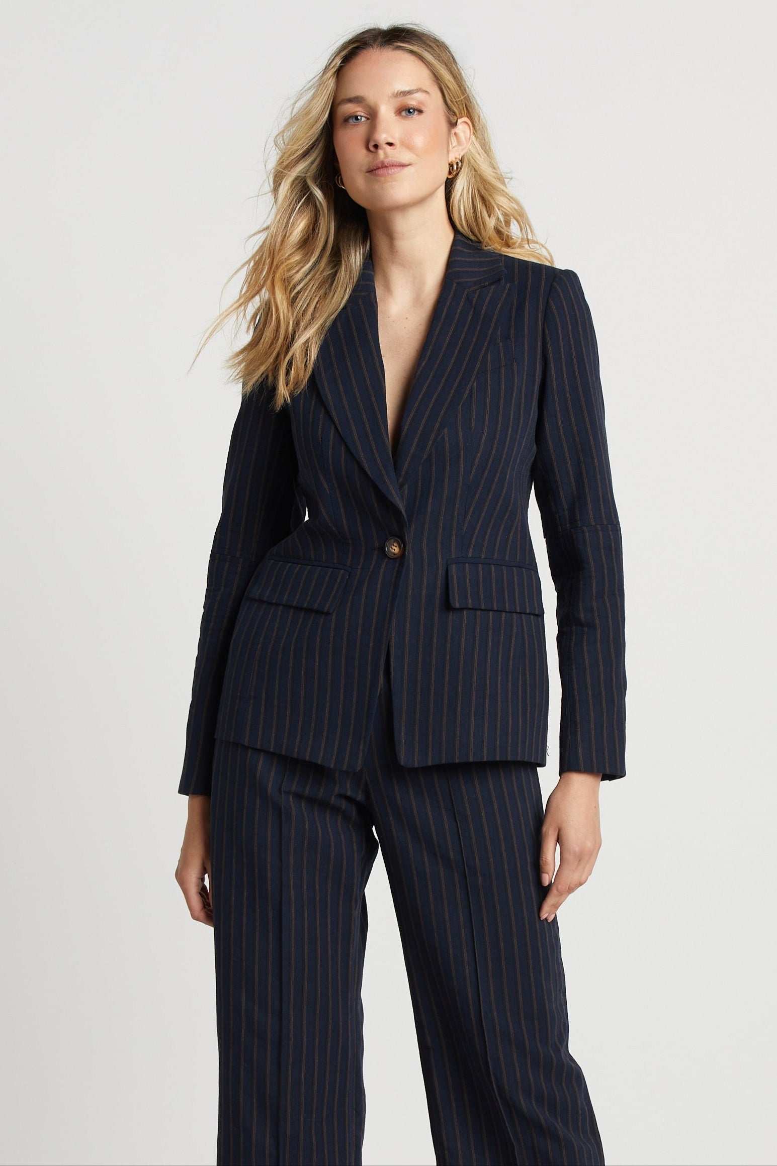 Hunter Single Breasted Pinstriped Blazer w/ Elbow Detail