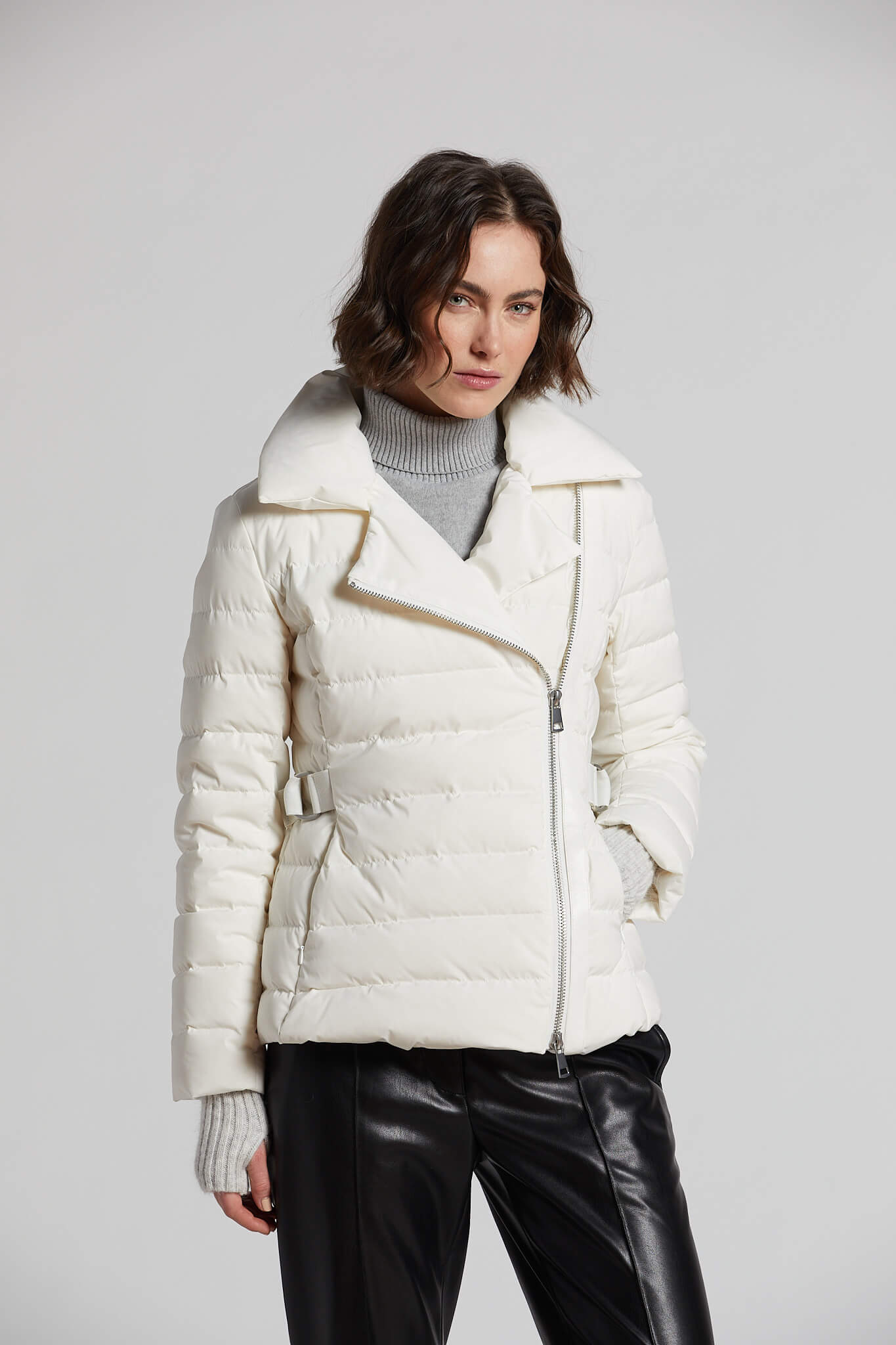 Kiki fitted down jacket w/ side buckle, vegan leather & knit angora trim
