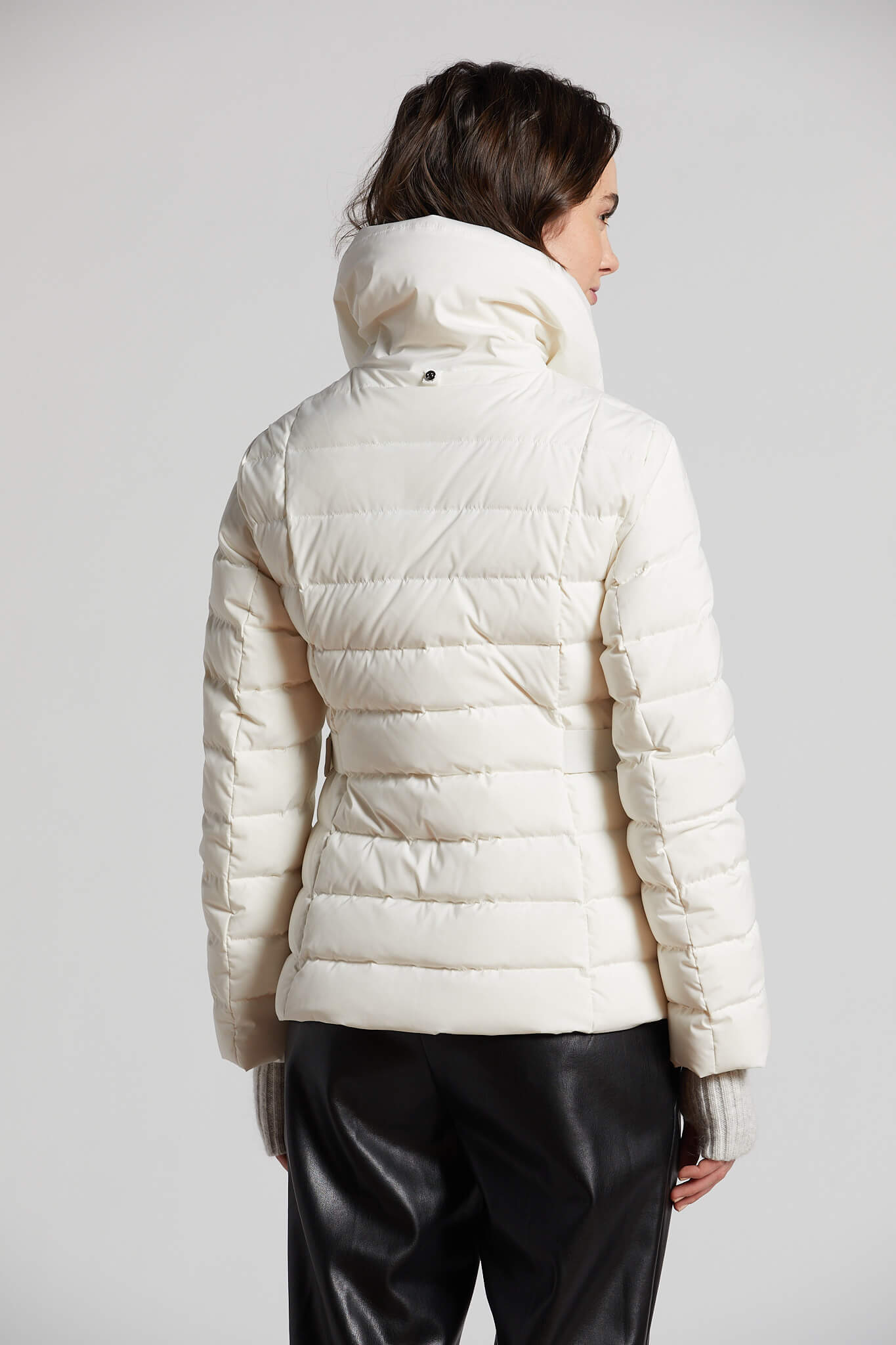 Kiki fitted down jacket w/ side buckle, vegan leather & knit angora trim