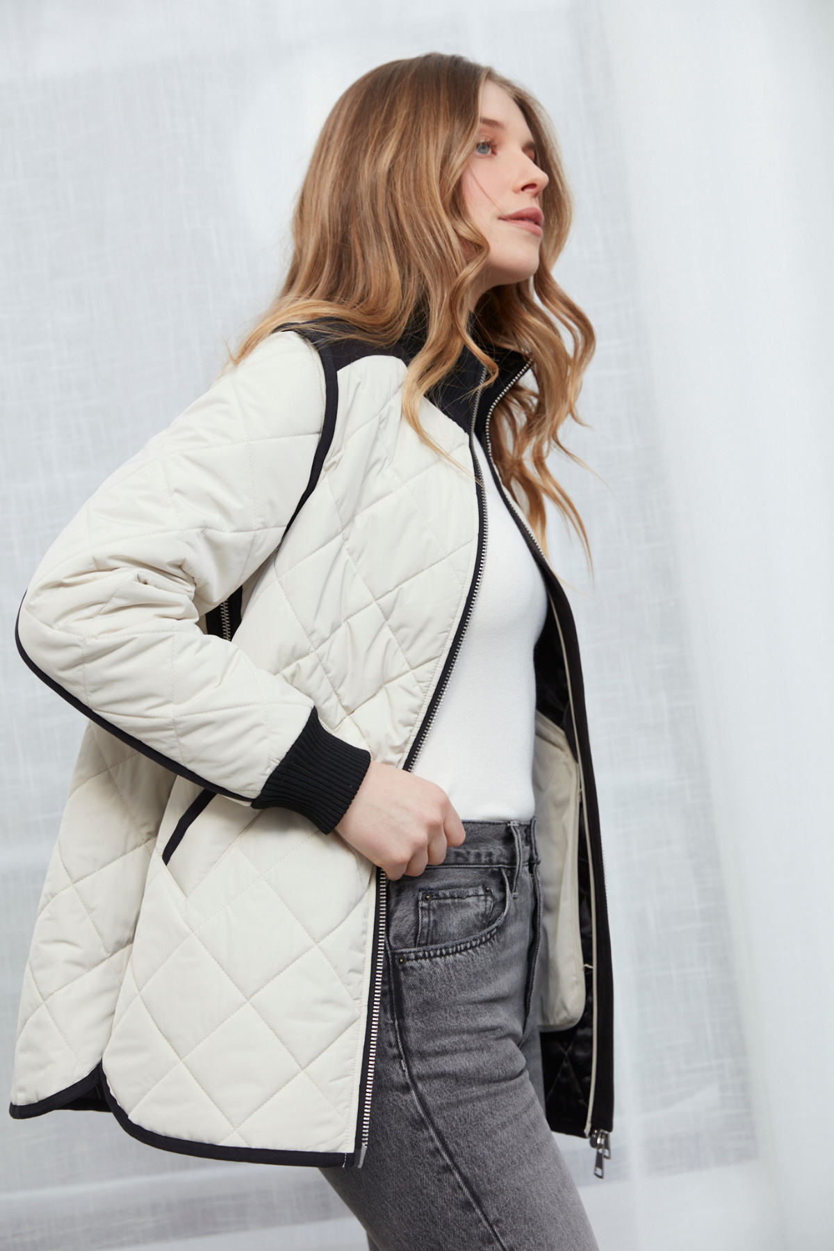 Livia, high-rib funnel-neck collar quilted jacket