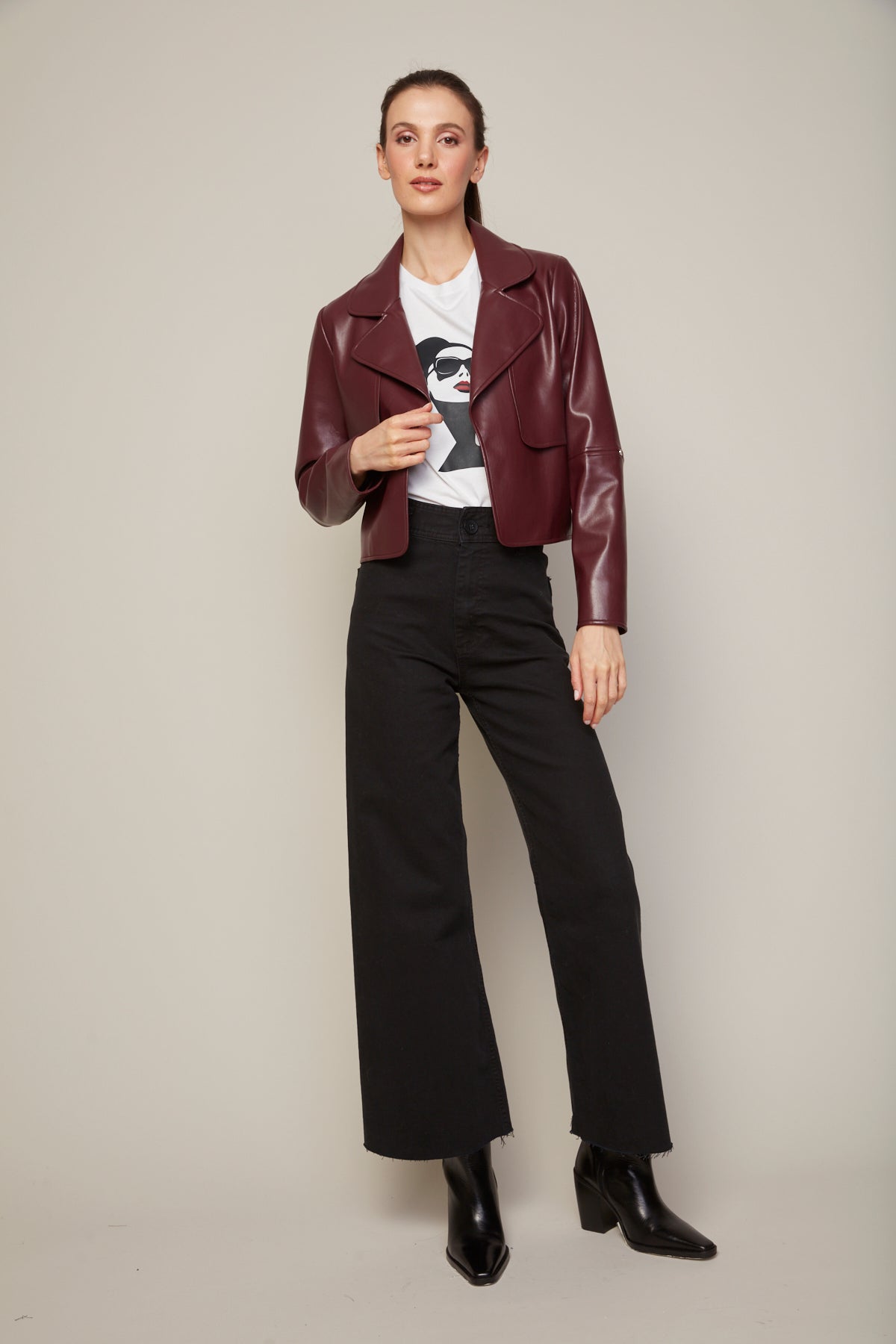 Ninon short stretch vegan leather open front jacket