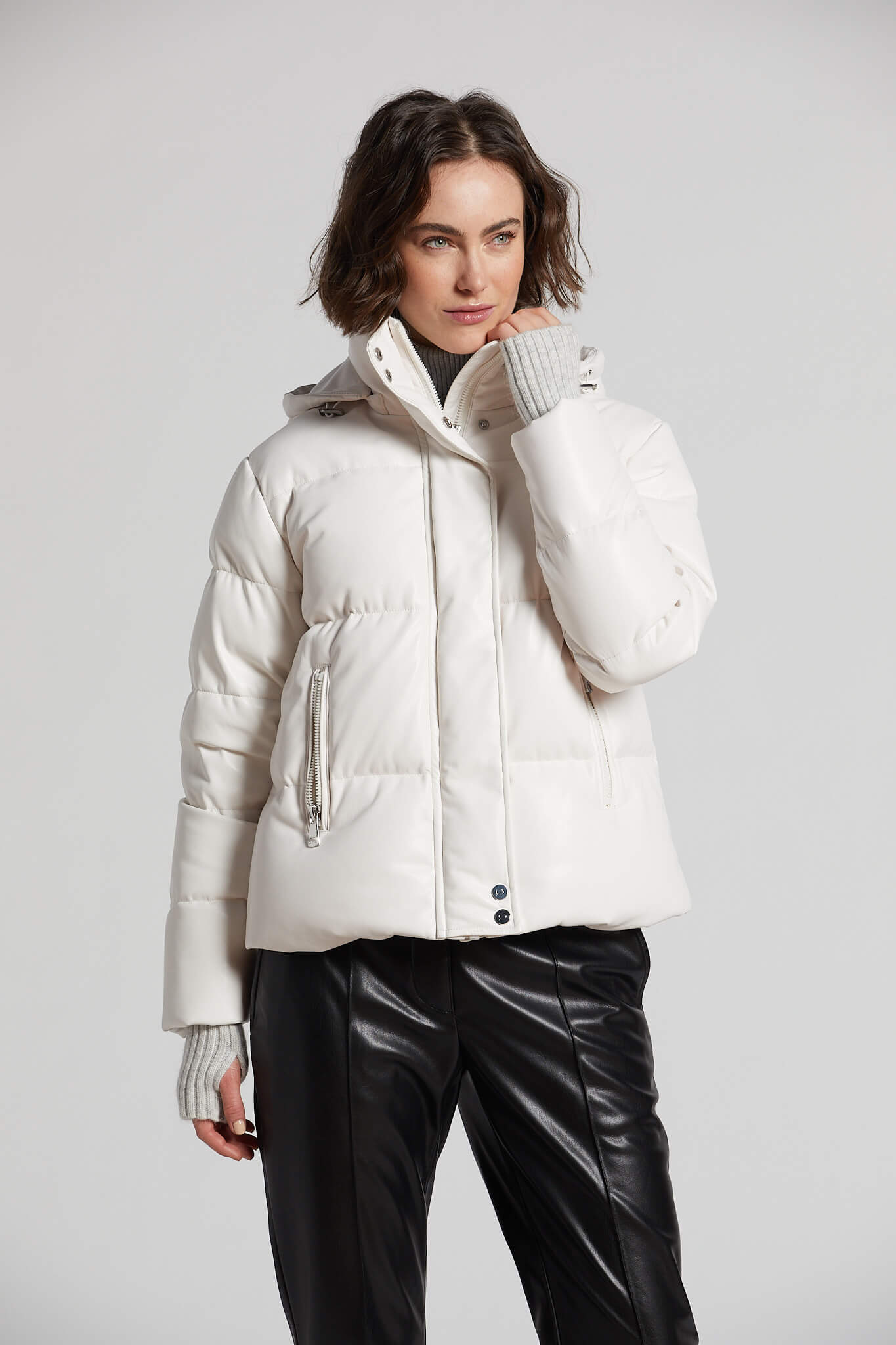 Paloma vegan leather down coat w/ detachable hood & angora knit trim