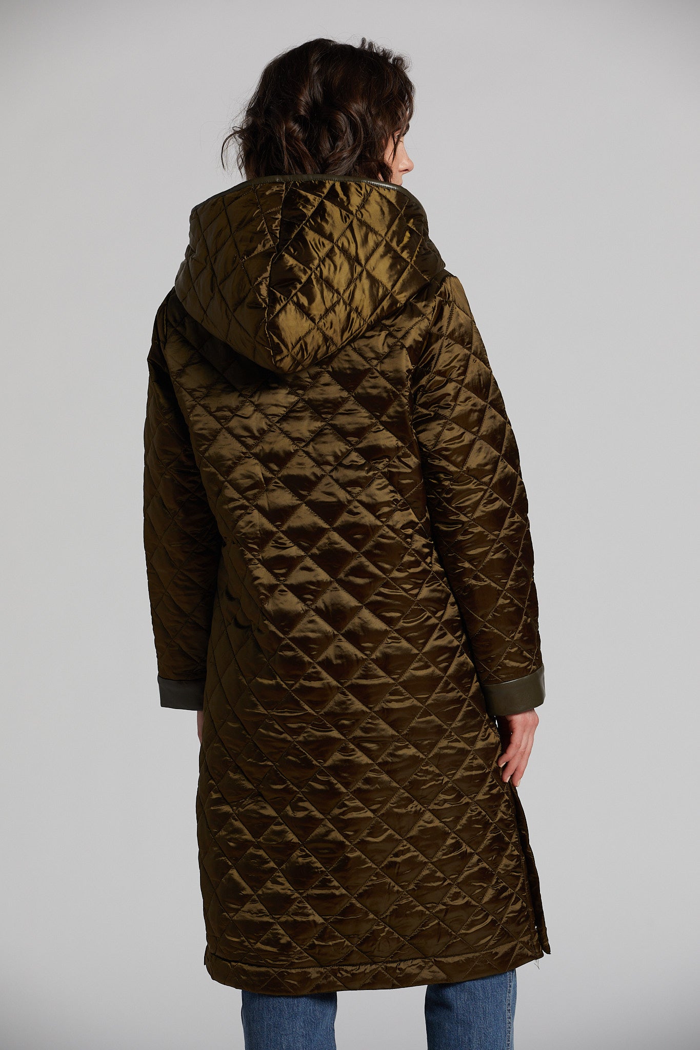 Pamela hooded shawl collar quilted coat w/ vegan leather trim