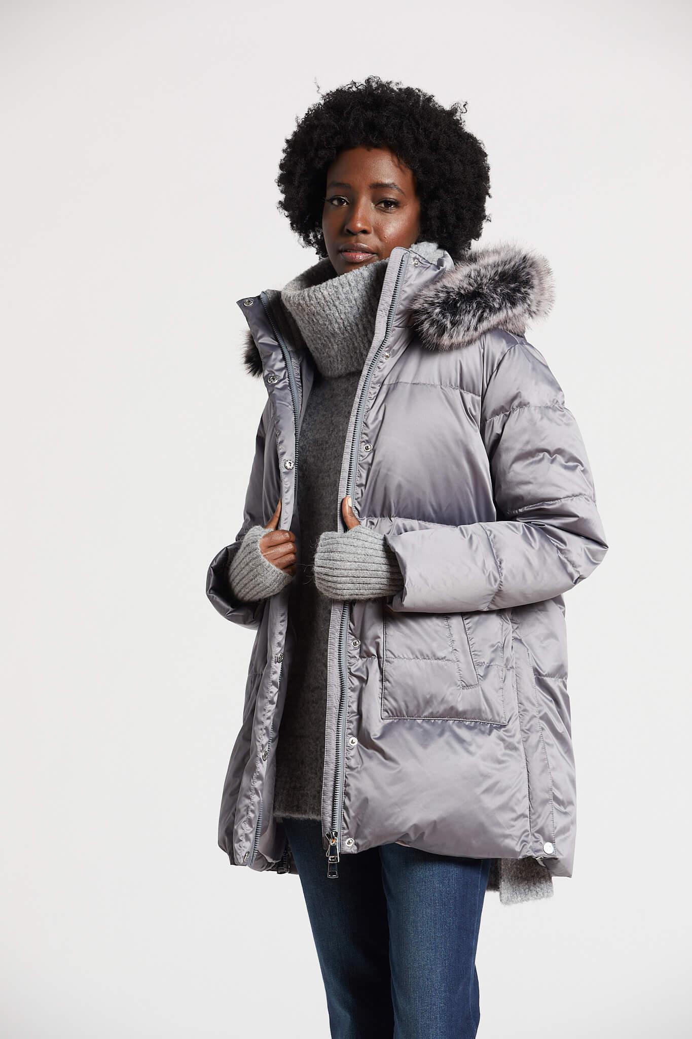 Patsy hooded down coat w/ removable hood & fur, angora trim