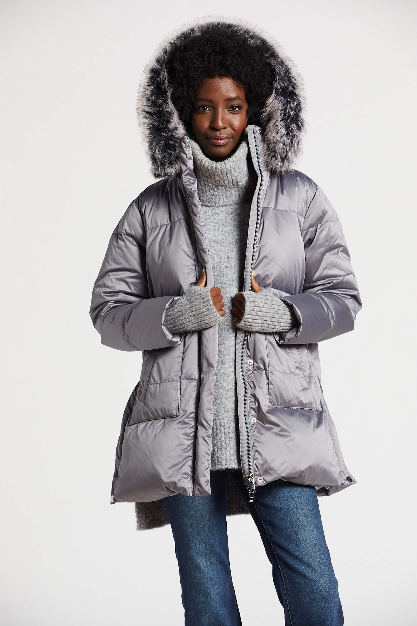 Patsy hooded down coat w/ removable hood & fur, angora trim