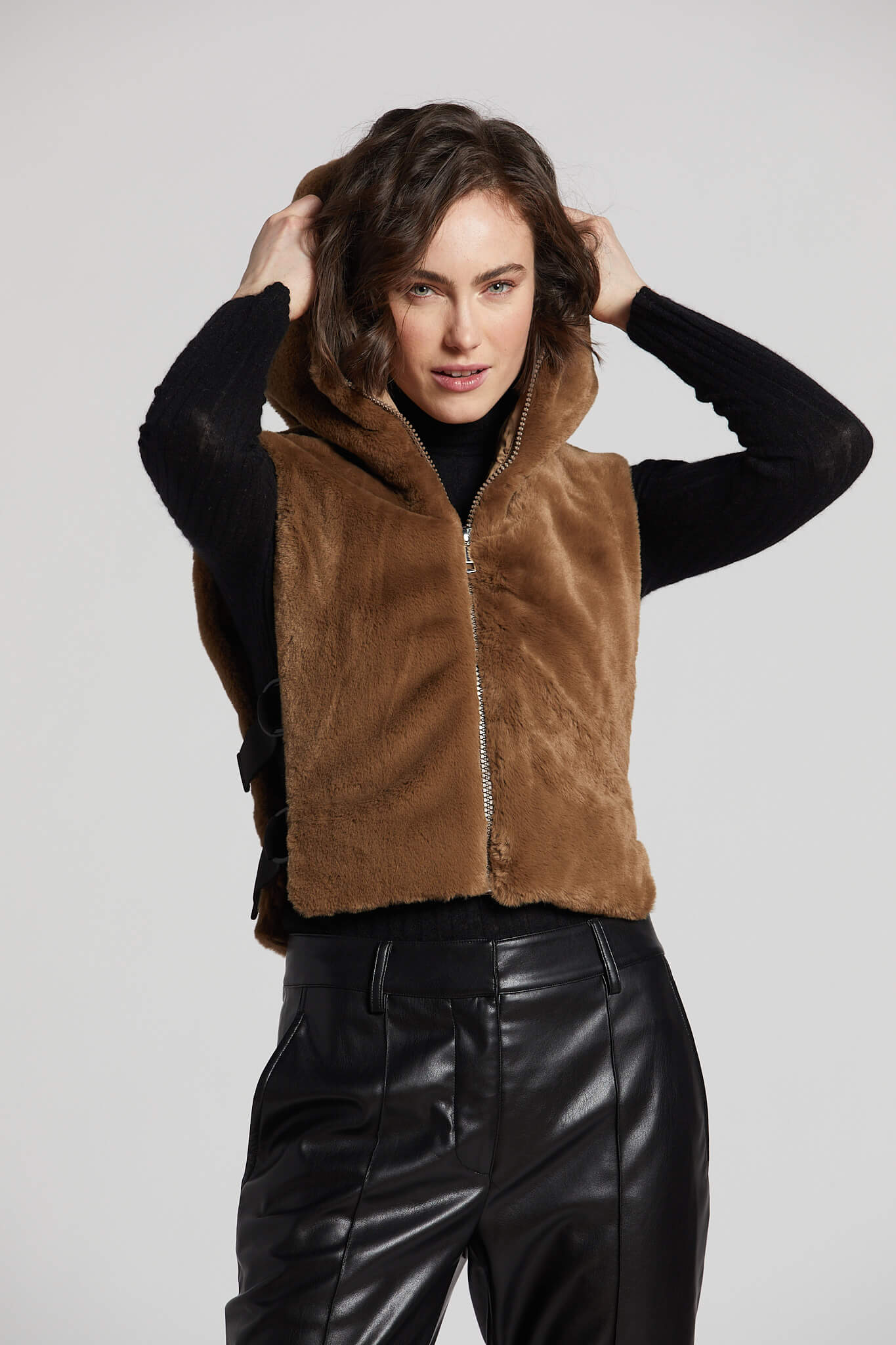 Peanut faux fur hooded down gilet w/ adjustable side buckles