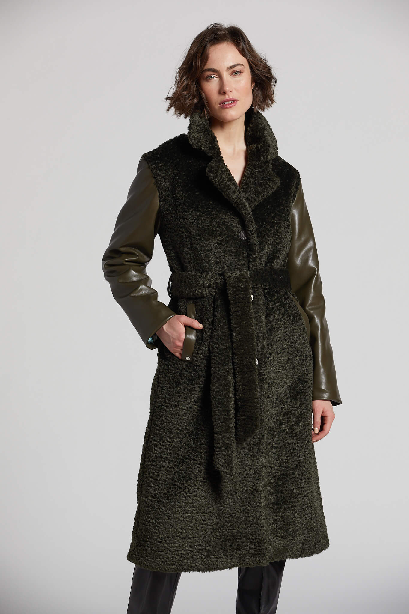 Peneloppe belted faux fur long coat w/ vegan leather sleeve