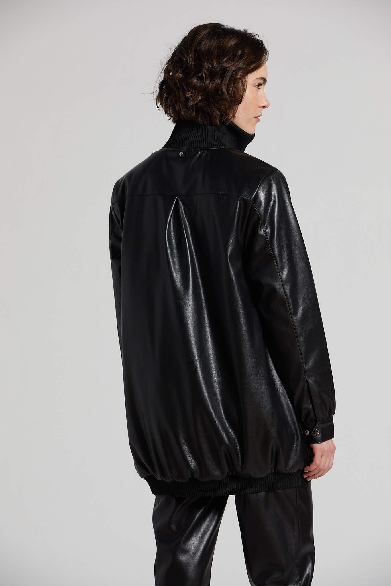 Petra long vegan leather bomber jacket w/ rib collar