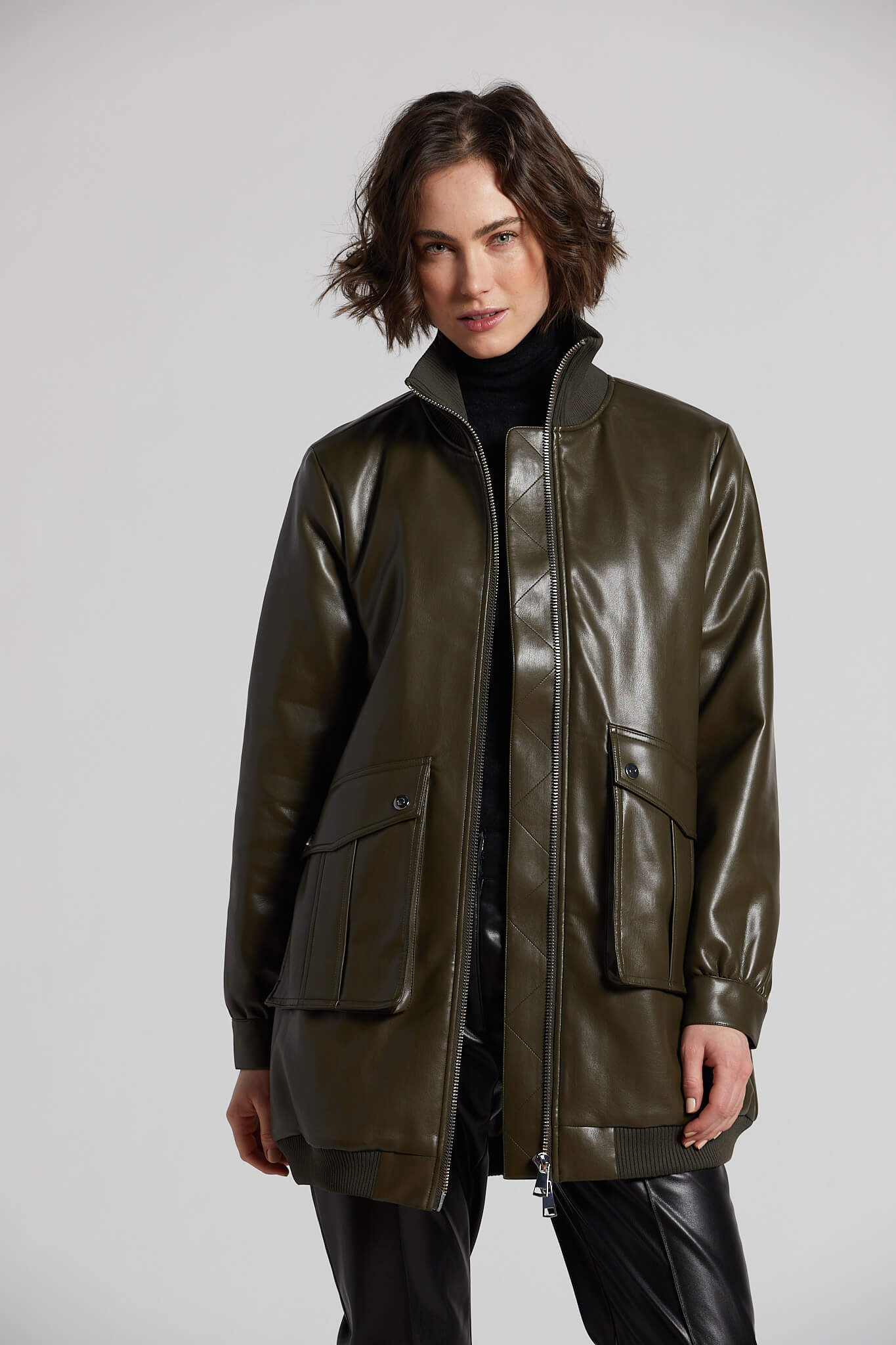 Petra long vegan leather bomber jacket w/ rib collar
