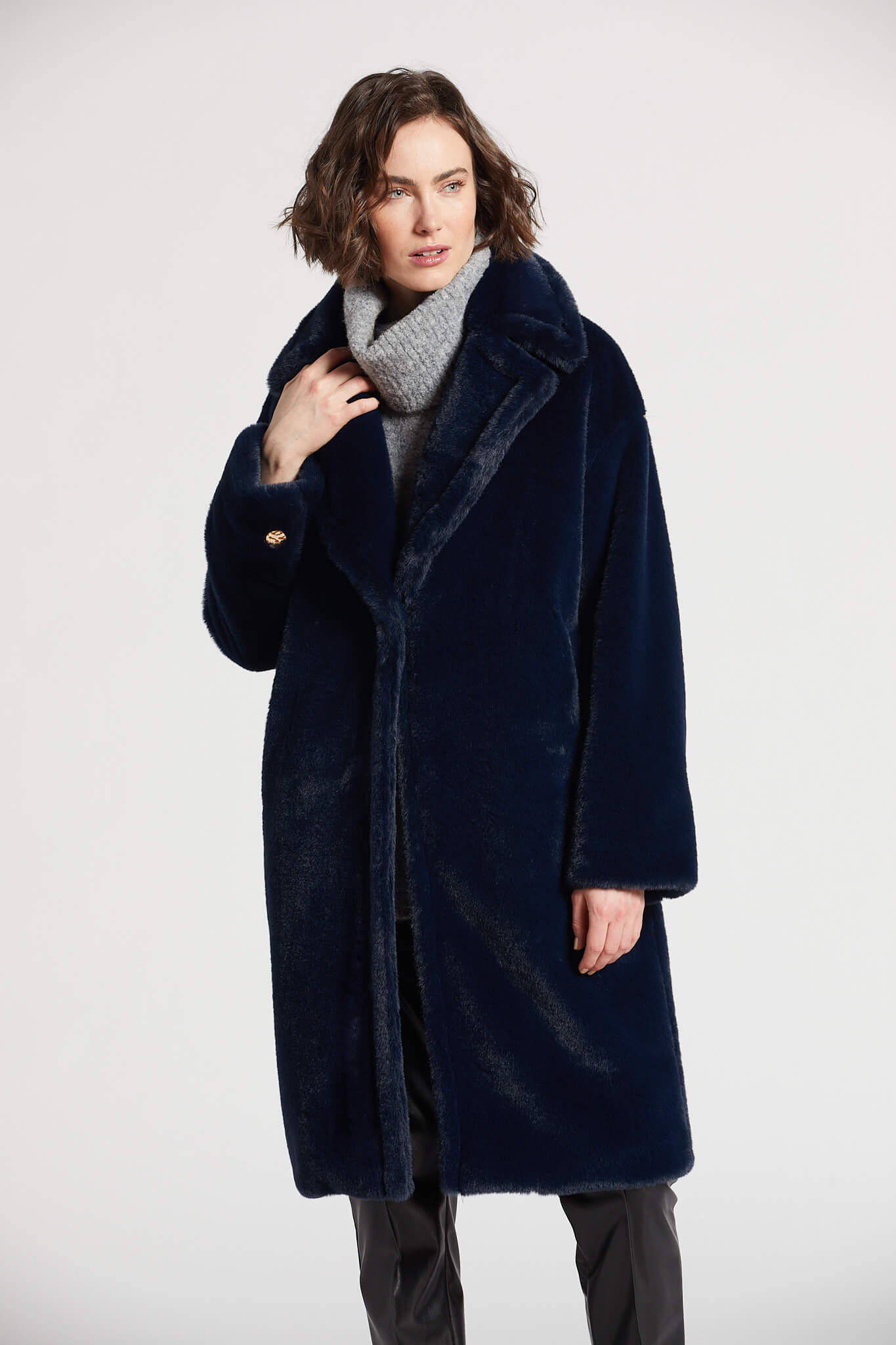 Polly long cozy faux fur coat w notch collar large lapels