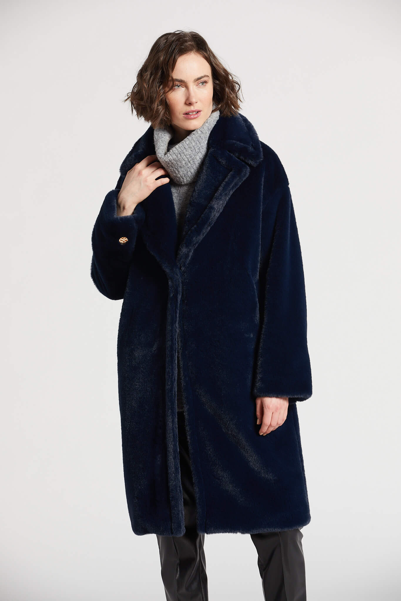 Polly long cozy faux fur coat w/ notch collar & large lapels