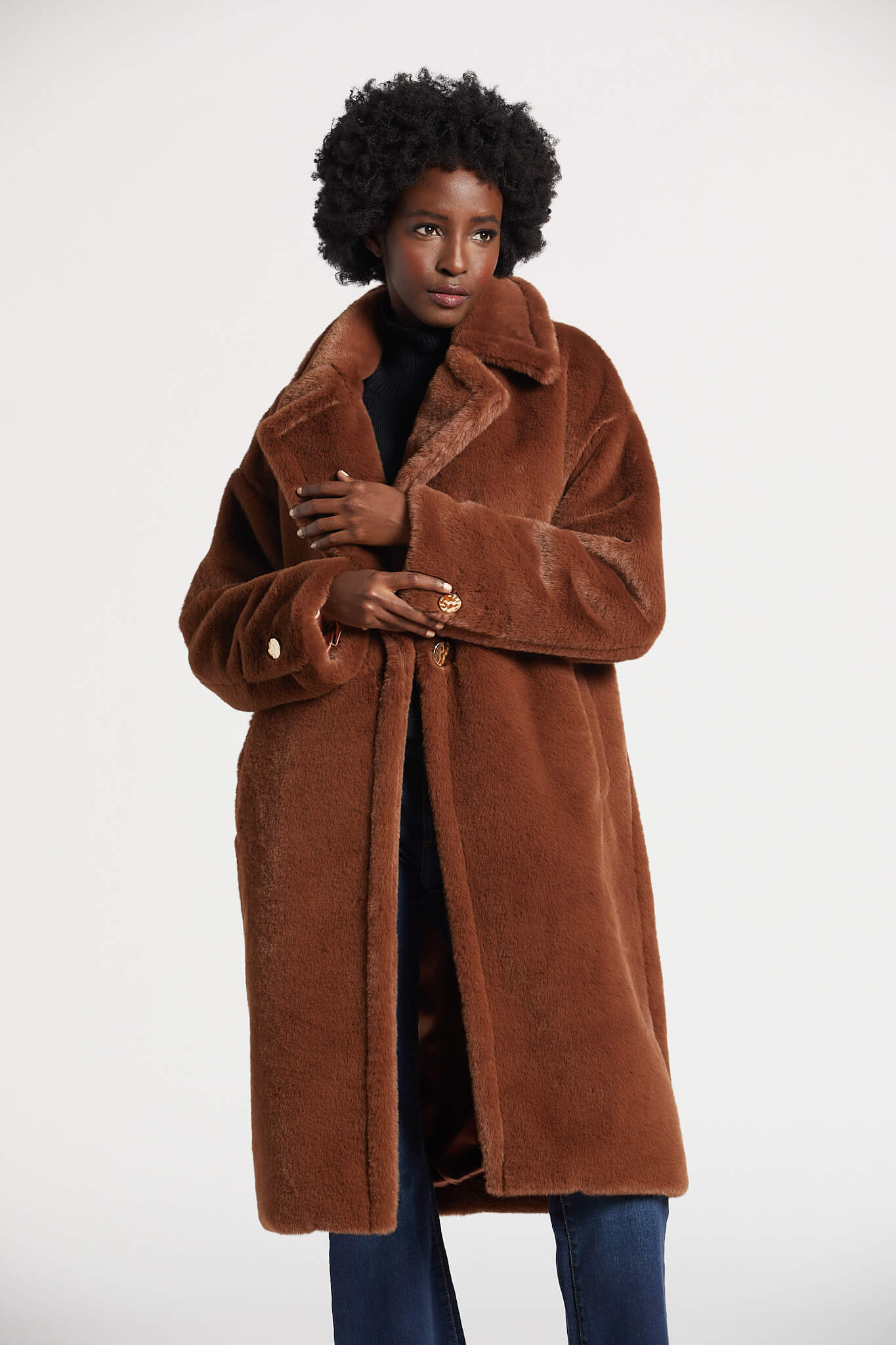 Polly long cozy faux fur coat w/ notch collar & large lapels