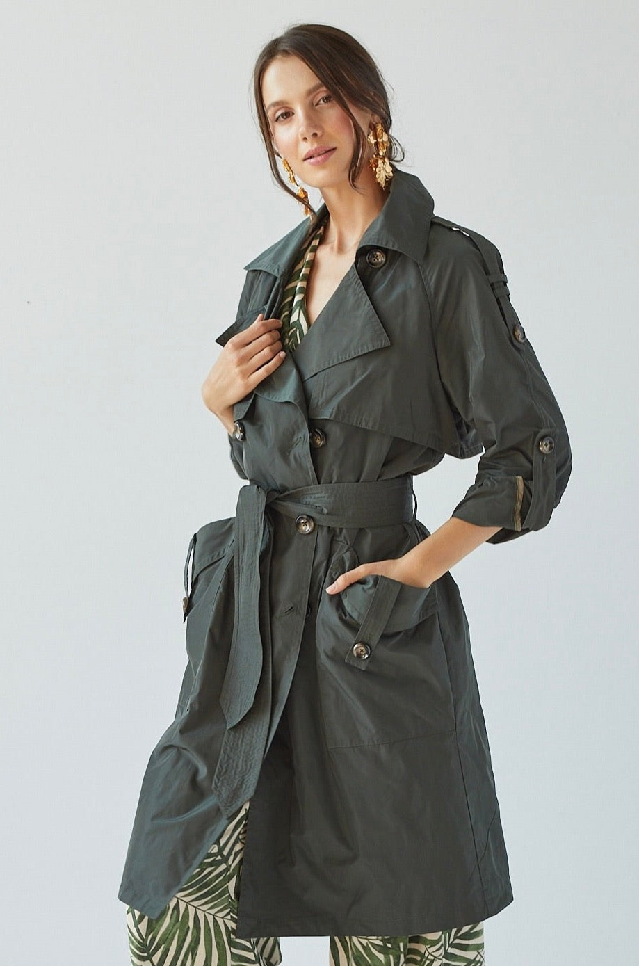 Raphael trench coat w/ rolled-up sleeve detail, patch pocket w/ cuff & sash