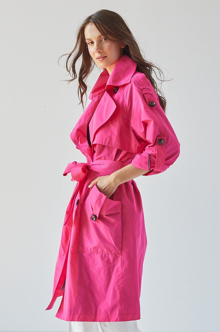 Raphael trench coat w/ rolled-up sleeve detail, patch pocket w/ cuff & sash