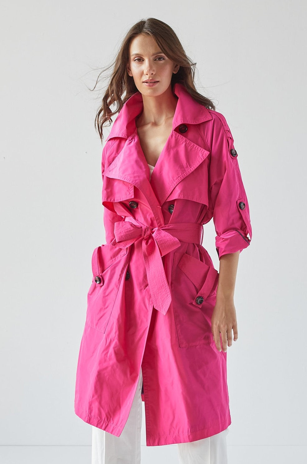 Raphael trench coat w/ rolled-up sleeve detail, patch pocket w/ cuff & sash