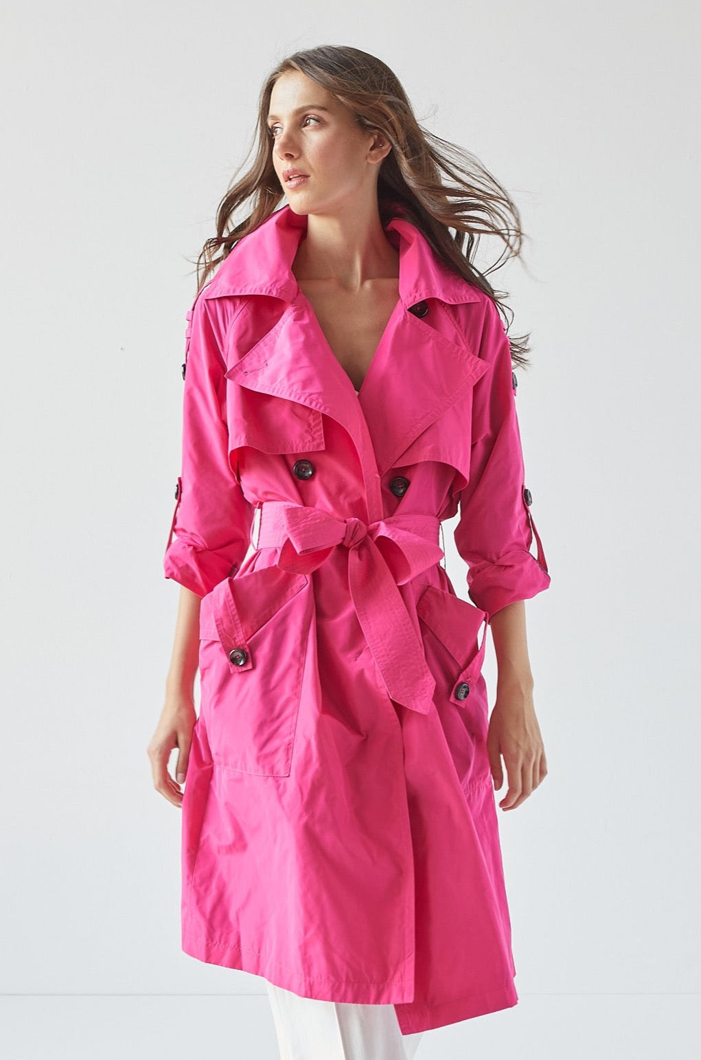 Raphael trench coat w/ rolled-up sleeve detail, patch pocket w/ cuff & sash