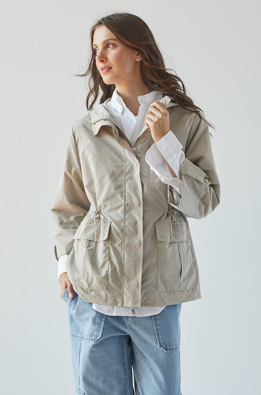 Roseline hooded anorak w/ rolled-up sleeves & waist toggle