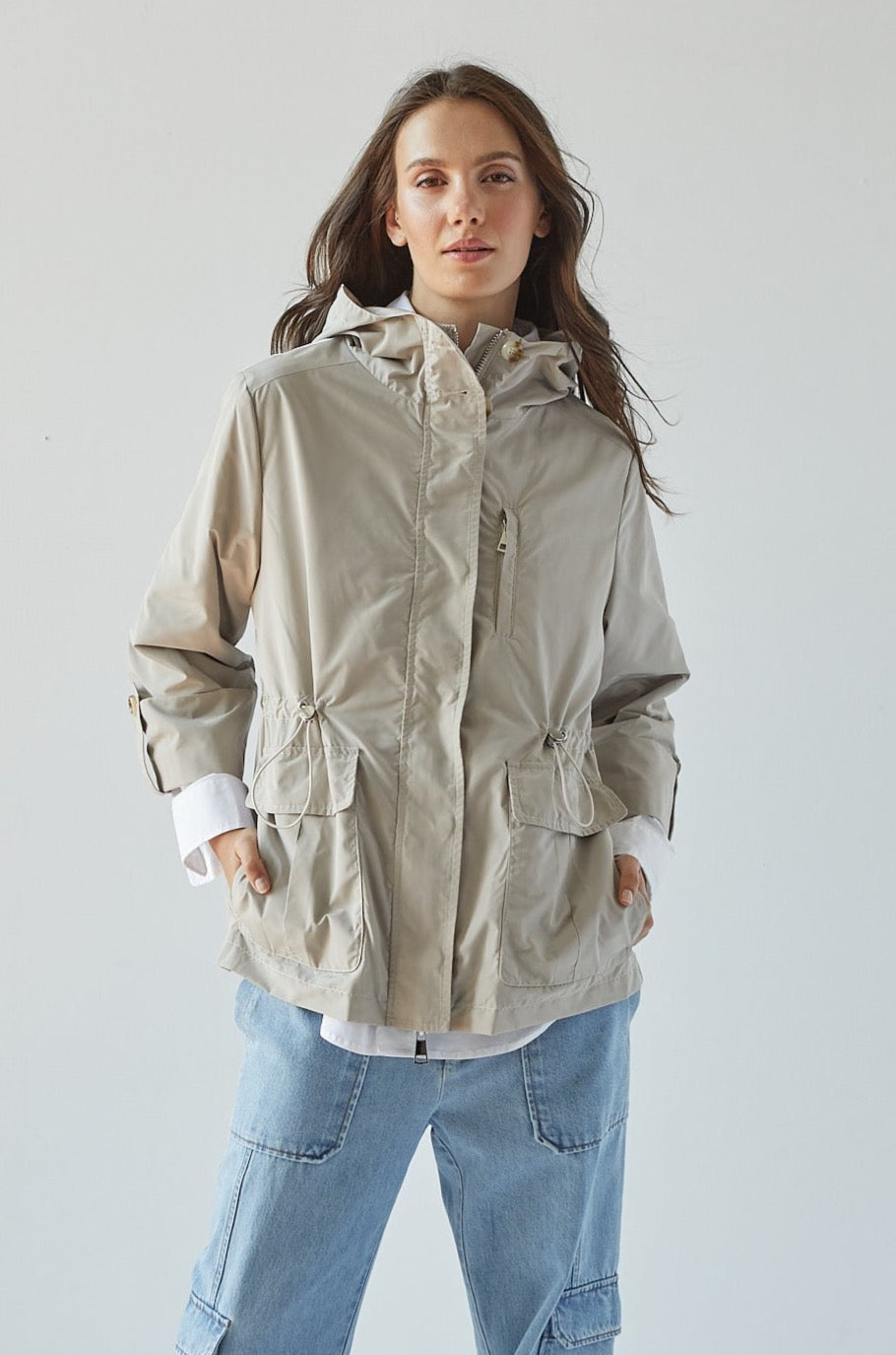 Roseline hooded anorak w/ rolled-up sleeves & waist toggle