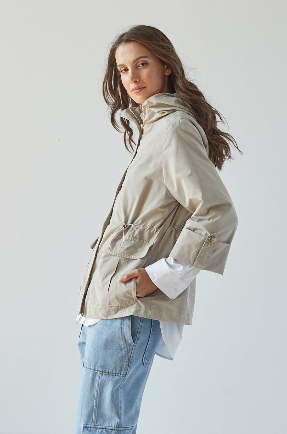 Roseline hooded anorak w/ rolled-up sleeves & waist toggle