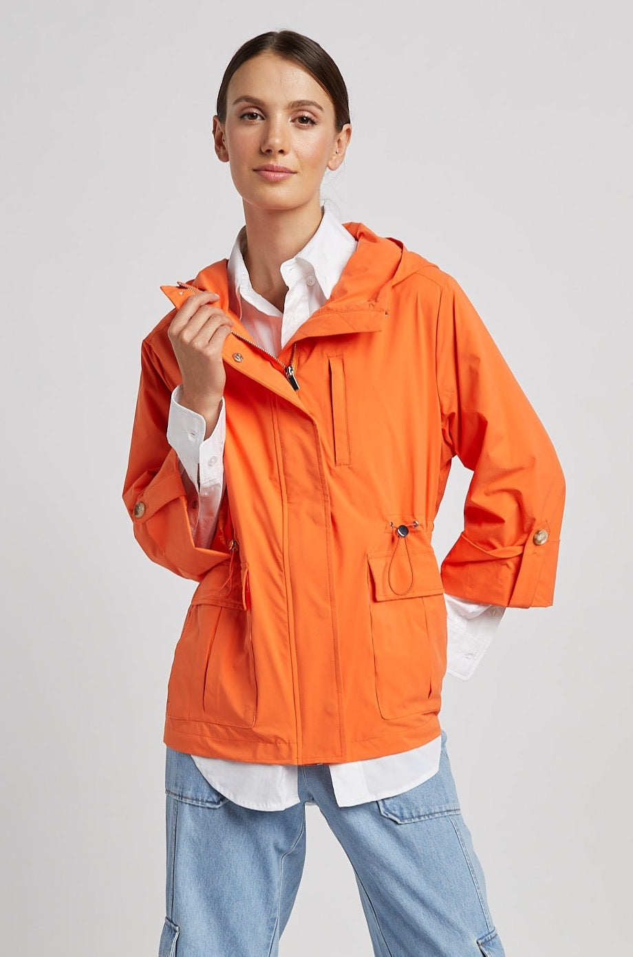 Roseline hooded anorak w/ rolled-up sleeves & waist toggle