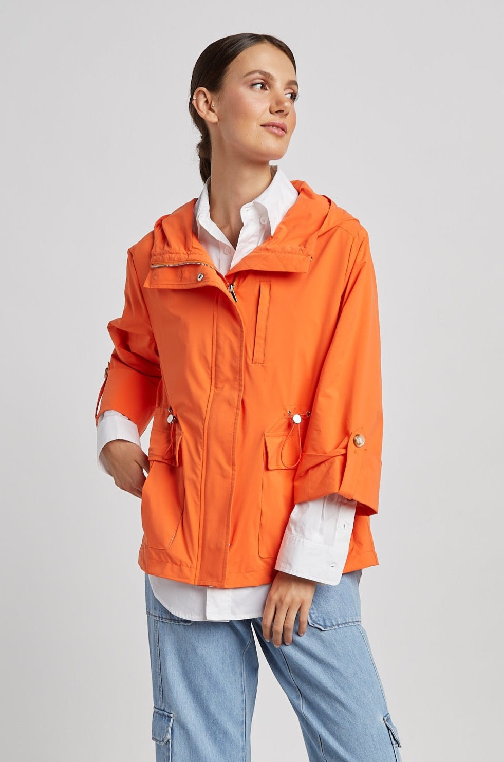 Roseline hooded anorak w/ rolled-up sleeves & waist toggle