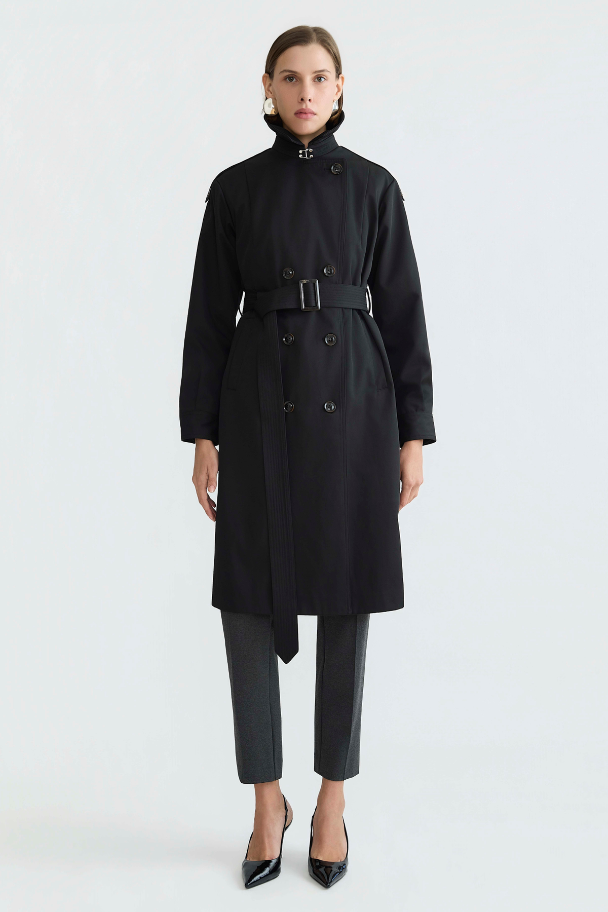 Troy double breasted trench coat with inverted back pleat